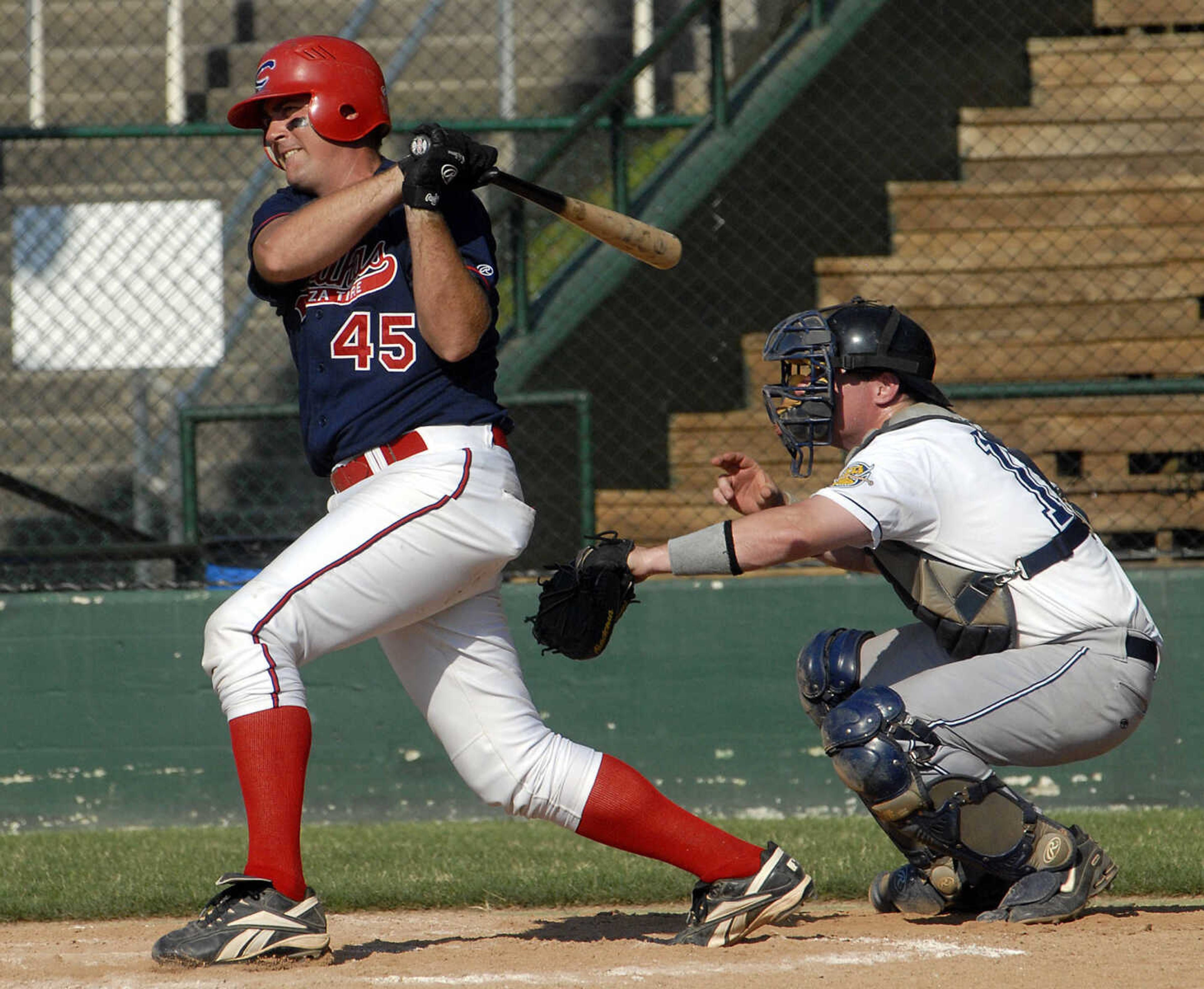 FRED LYNCH ~ flynch@semissourian.com
Capahas John Amschler singles in the second inning against the Riverdogs in the first game Sunday at Capaha Field.