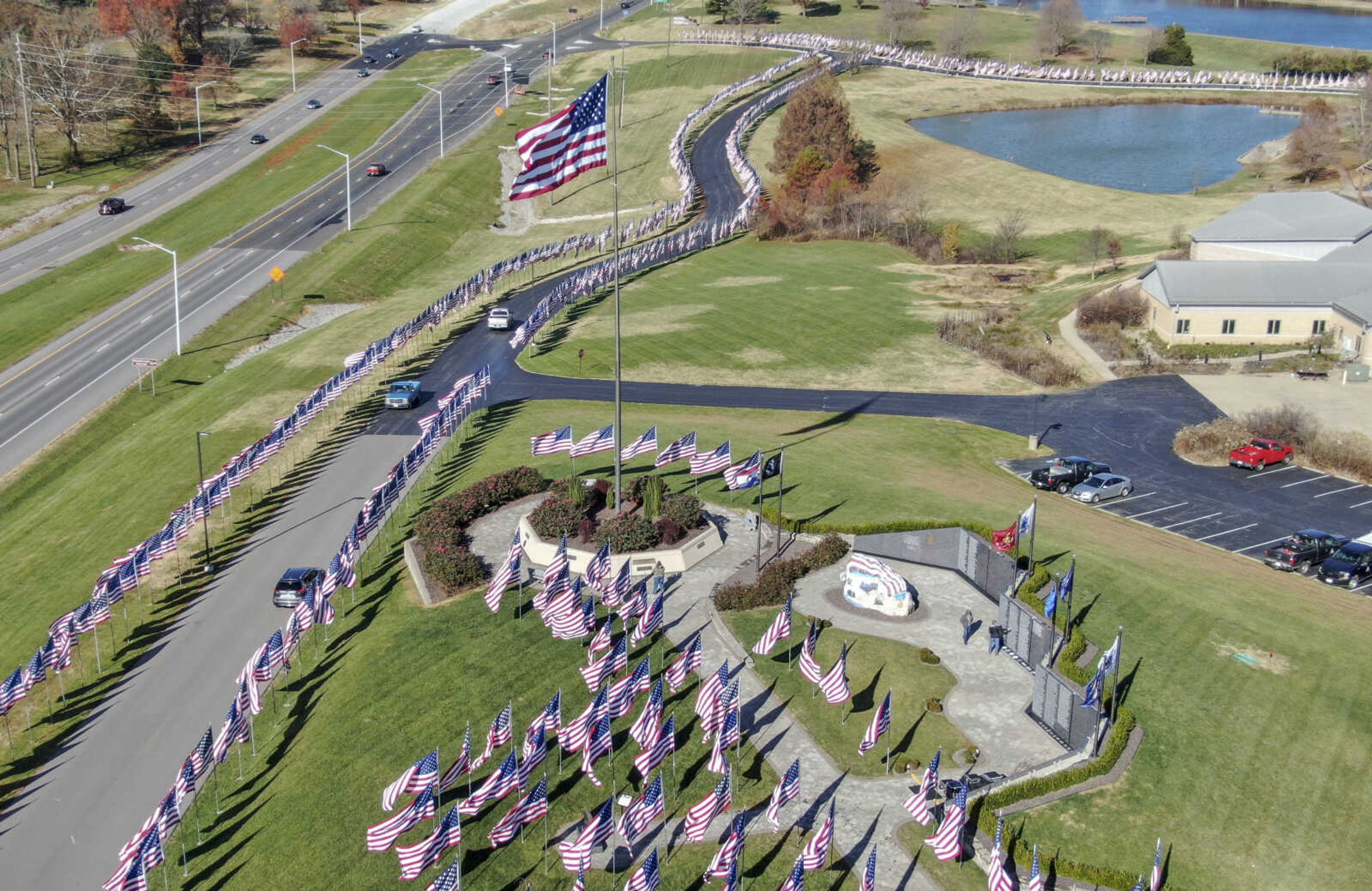 The Avenue of Flags displays over 700 flags to honor the memory of every deceased veteran from Cape County at Cape County Park North in Cape Girardeau on Wednesday, Nov. 11, 2020.