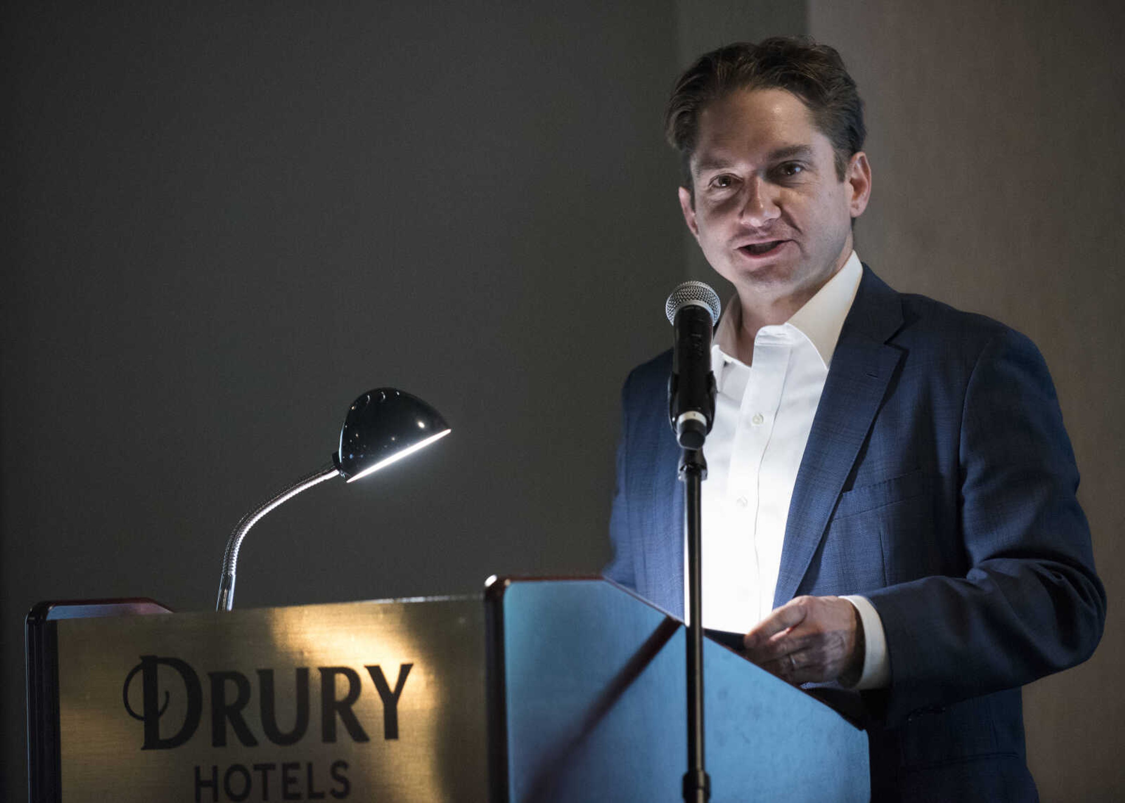 Jon K. Rust, outgoing chairman of the chamber board and publisher of the Southeast Missourian and co-president of Rust Communications, welcomes guests to the Cape Girardeau Area Chamber of Commerce's annual dinner held Jan. 26, 2018, at the Drury Plaza Conference Center in Cape Girardeau.