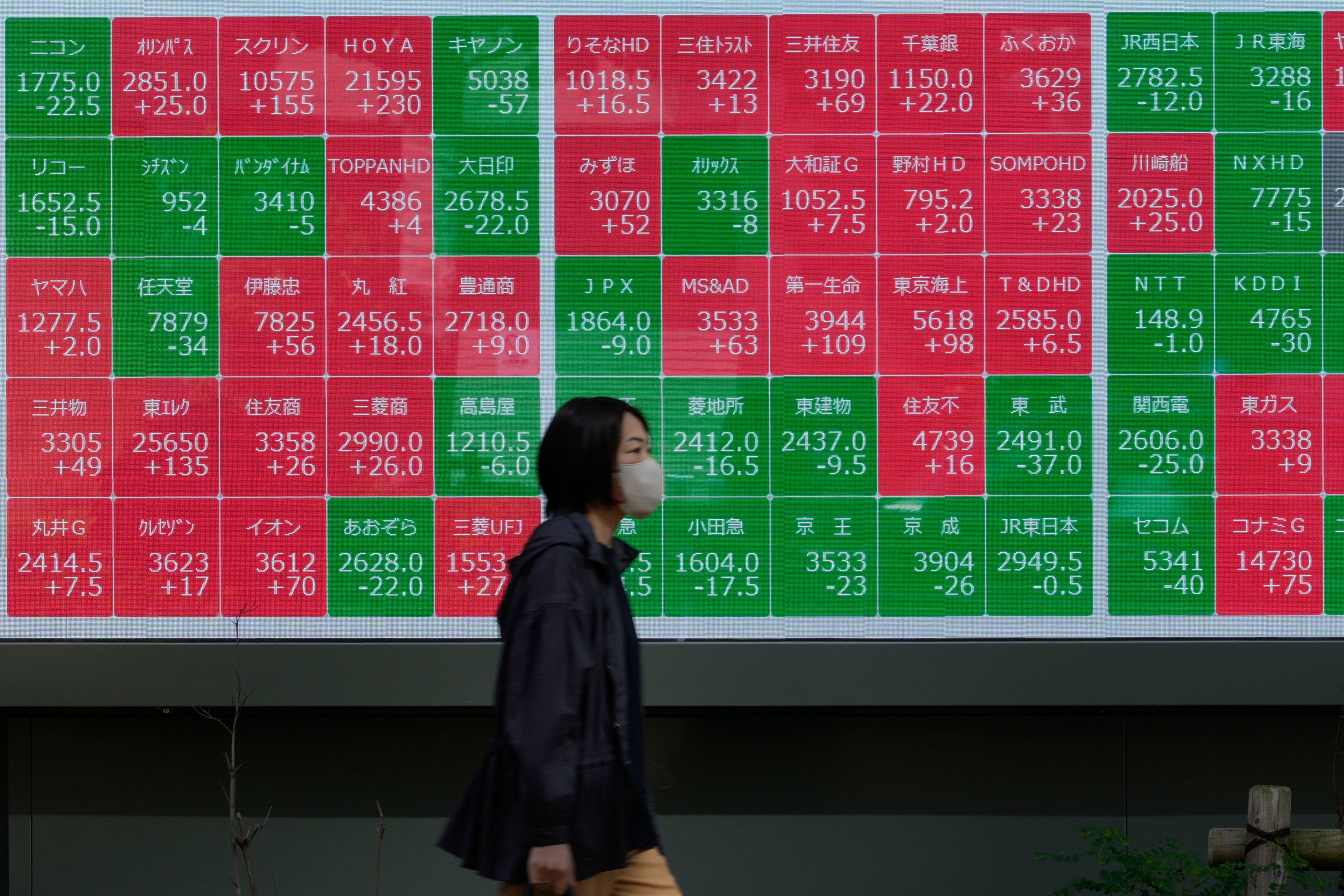 A passerby moves past an electronic stock board showing Japan's stock prices outside a securities firm in Tokyo, on Oct. 11, 2024. (AP Photo/Shuji Kajiyama)