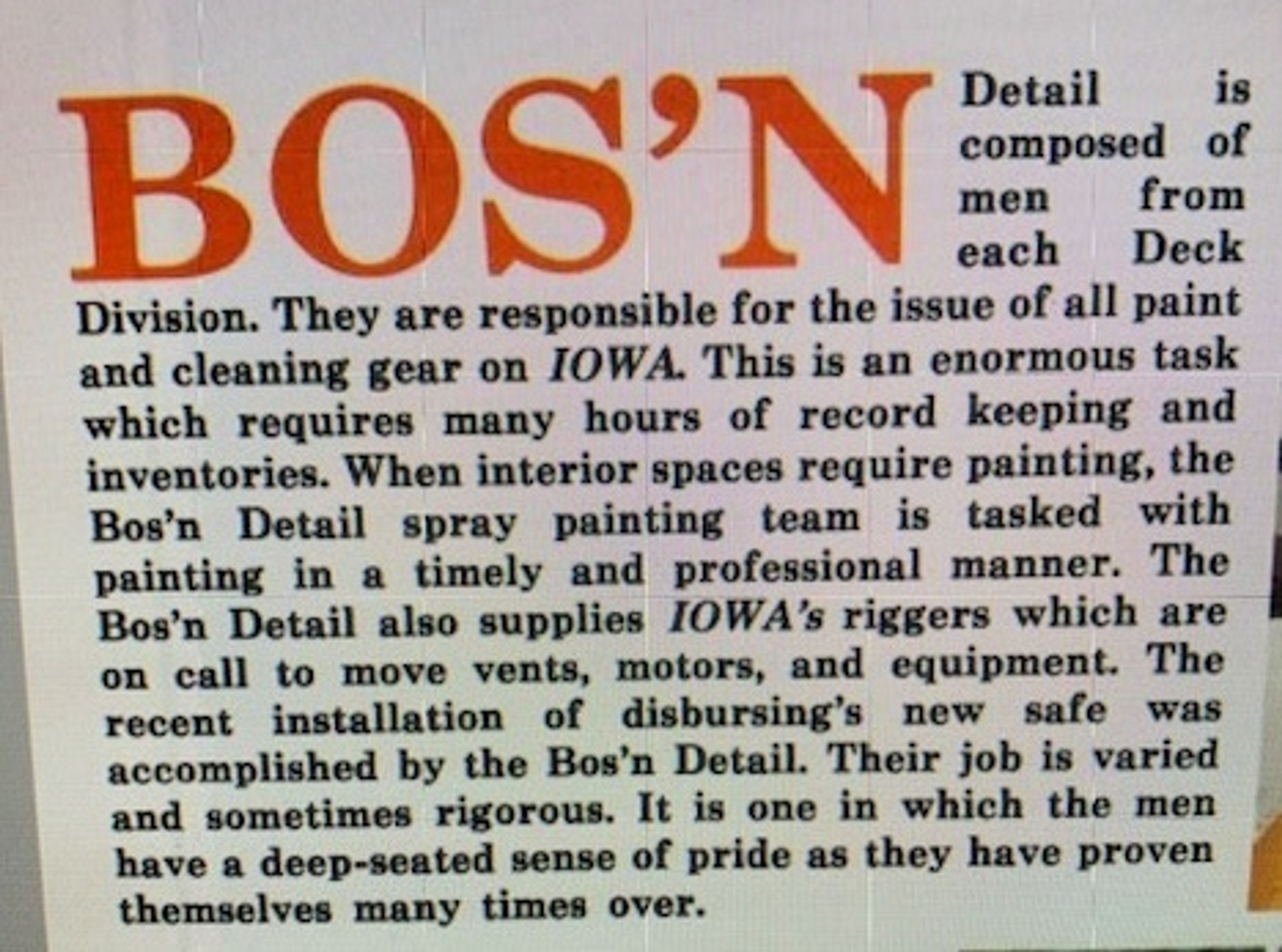 An excerpt from military documents explains the duties and what the Navy's BOS'N Detail does in their service to the U.S. Military.