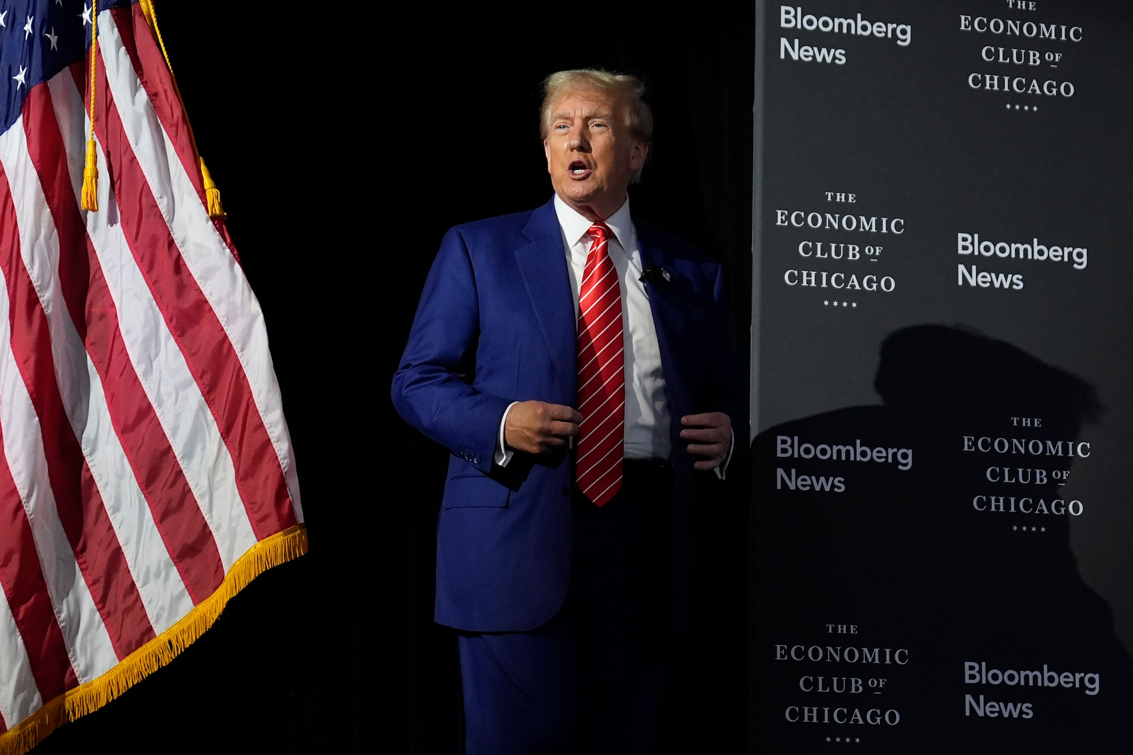 Republican presidential nominee former President Donald Trump arrives for an interview with Bloomberg News Editor-in-Chief John Micklethwait during an event with the Economic Club of Chicago, Tuesday, Oct. 15, 2024, in Chicago. (AP Photo/Evan Vucci)