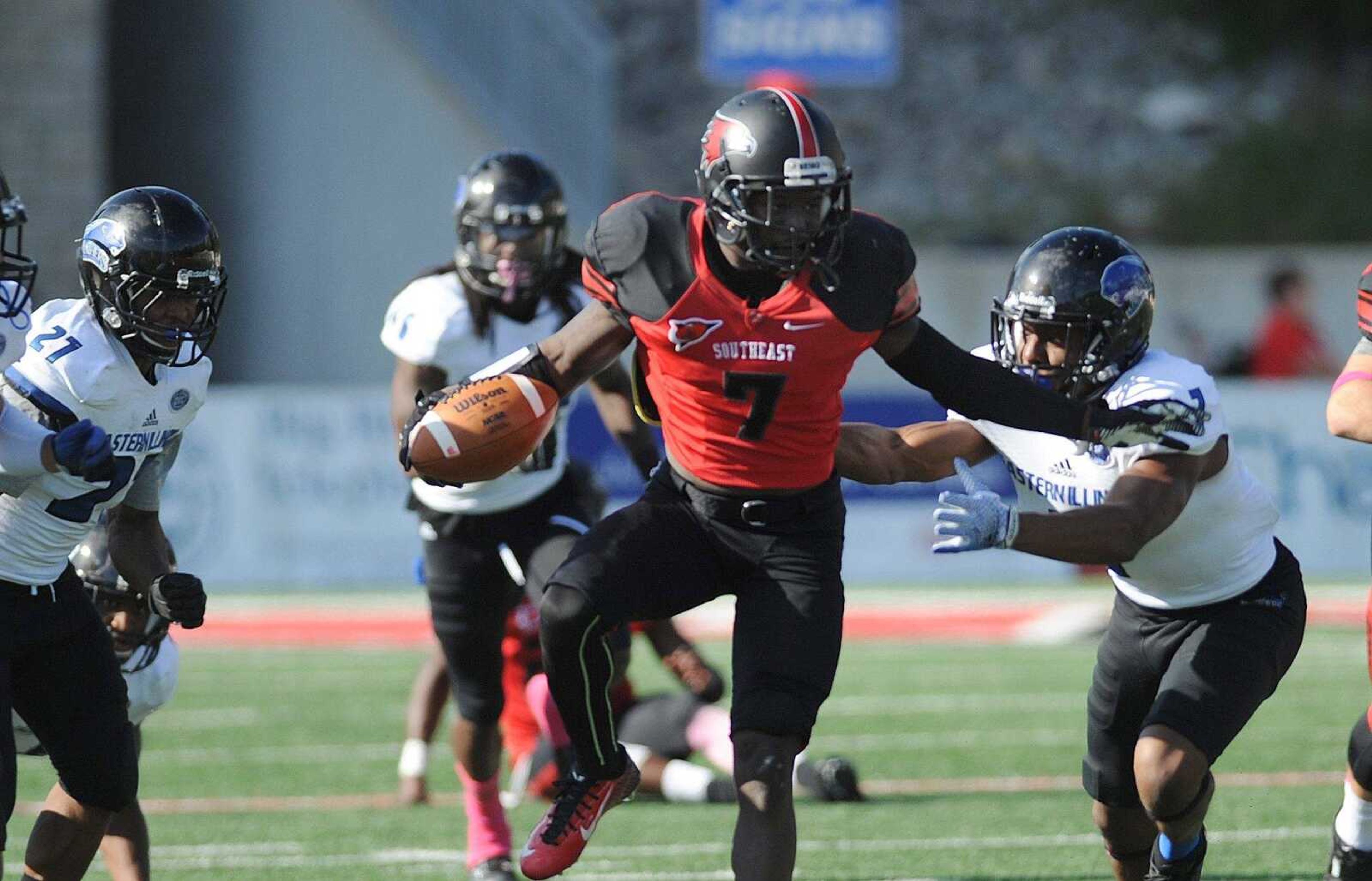 Southeast Missouri State returner Peter Lloyd is brought down by Eastern Illinois defense during a game last season at Houck Stadium. (Glenn Landberg)