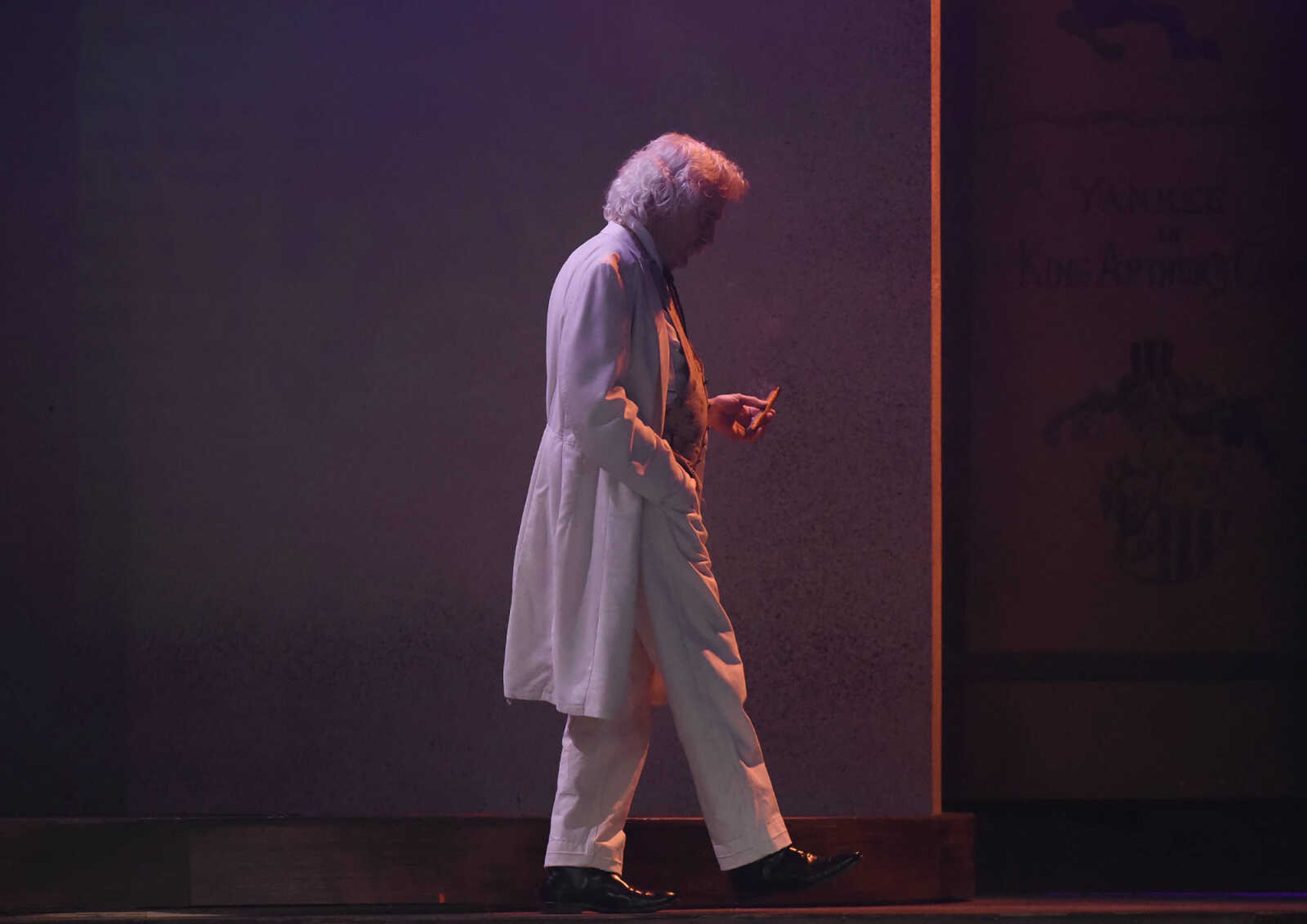 Mark Twain, portrayed by Lester Goodin, mulls about the stage during The Conservatory of Theatre and Dance's production of "Big River: The Adventures of Huckleberry Finn" on Wednesday, Feb. 22, 2017, at Southeast Missouri State University's River Campus. The show runs through Sunday.