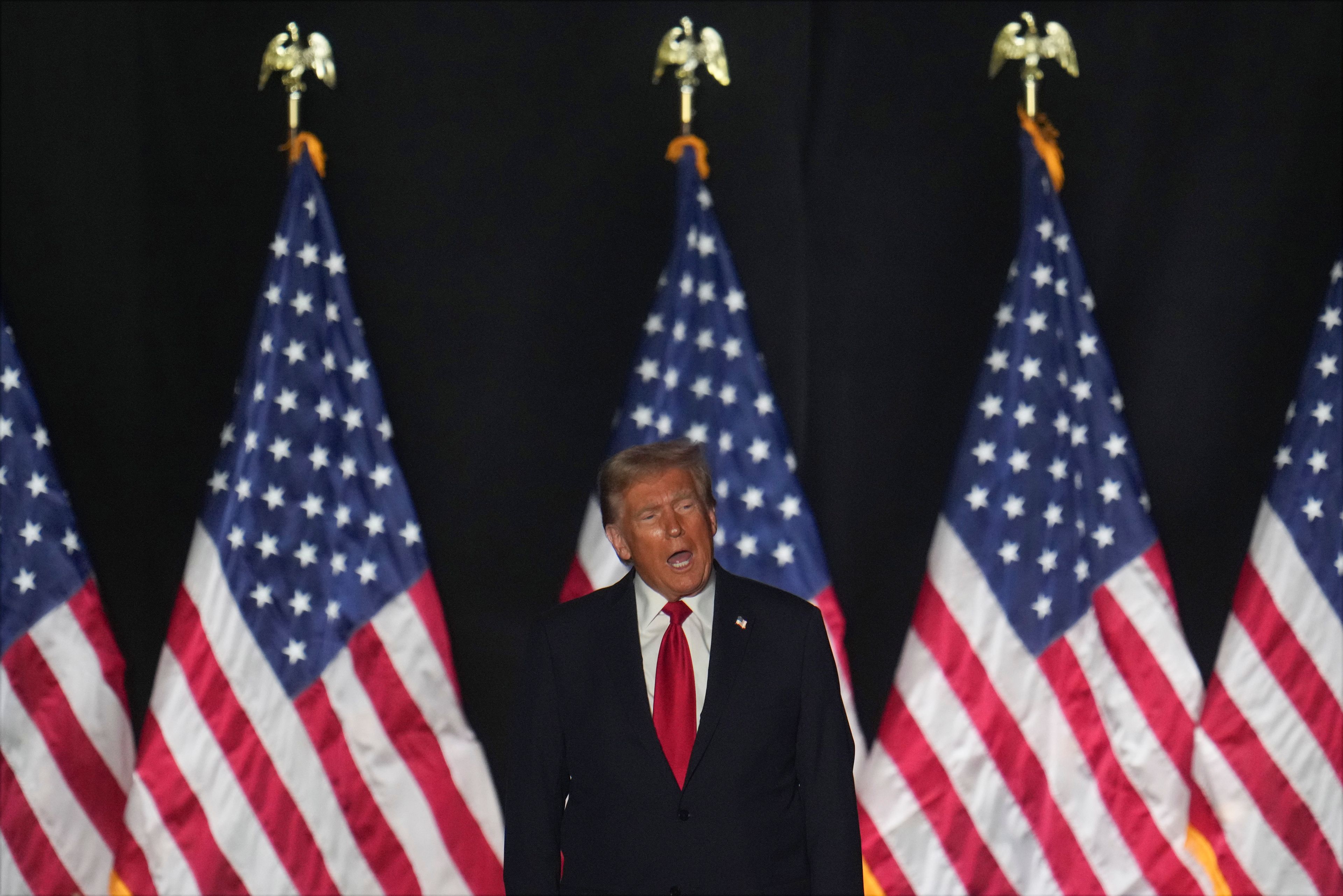 Republican presidential nominee former President Donald Trump arrives at a campaign rally at Macomb Community College Friday, Nov. 1, 2024, in Warren, Mich. (AP Photo/Paul Sancya)