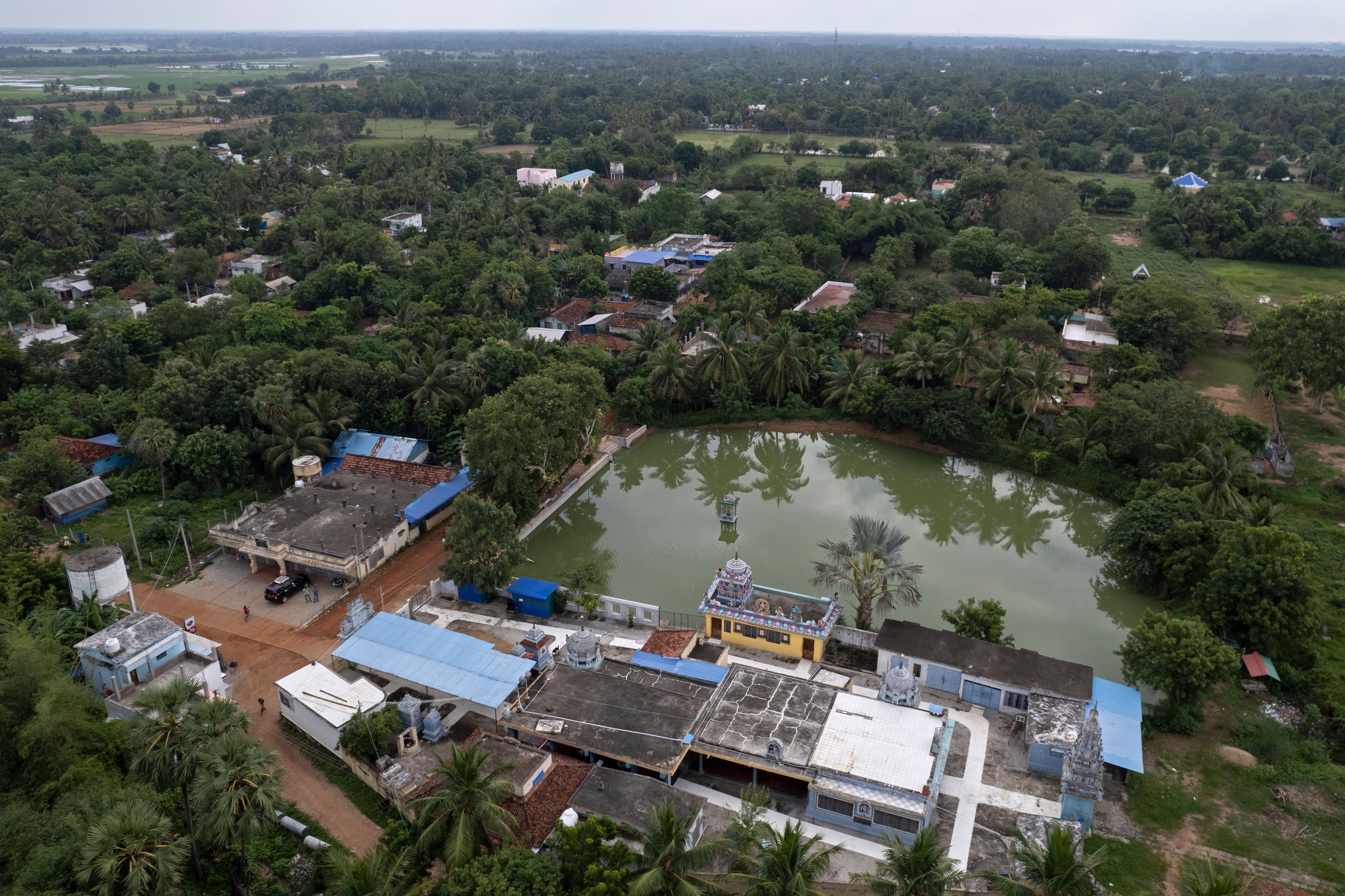 An aerial view of Thulasendrapuram, the ancestral village of Democratic presidential nominee Vice President Kamala Harris, in Tamil Nadu state, India, Monday, Nov. 4, 2024. (AP Photo/Aijaz Rahi)