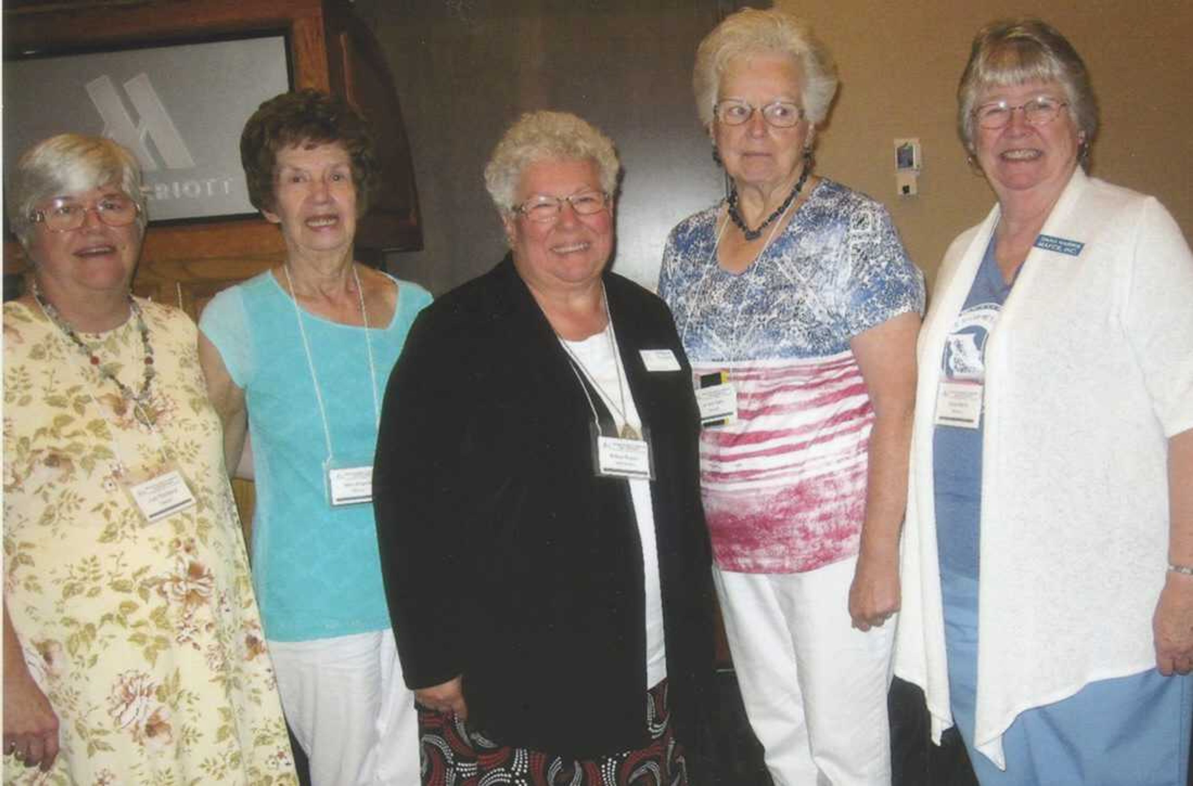 Shown from left are three women from Cape Girardeau County who attended the National FCE Conference: Judy Strickland of Jackson, MAFCE treasurer; Mary Klaproth of Jackson, MAFCE vice president; Ardyce Snyder from North Dakota, national president; JoAnn Hahs of Daisy, MAFCE parliamentarian; and Dana Harris of Fulton, Missouri, MAFCE president.