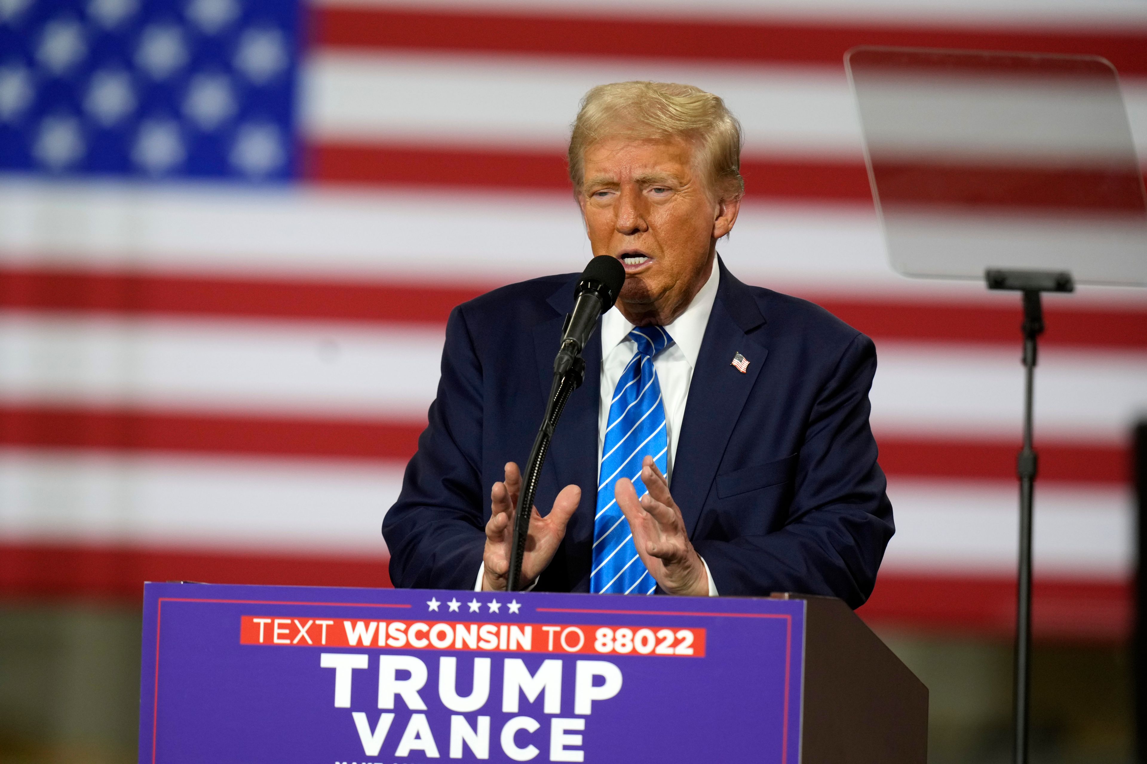 Republican presidential nominee former President Donald Trump speaks at a campaign event at Dane Manufacturing, Tuesday, Oct. 1, 2024, in Waunakee, Wis. (AP Photo/Charlie Neibergall)