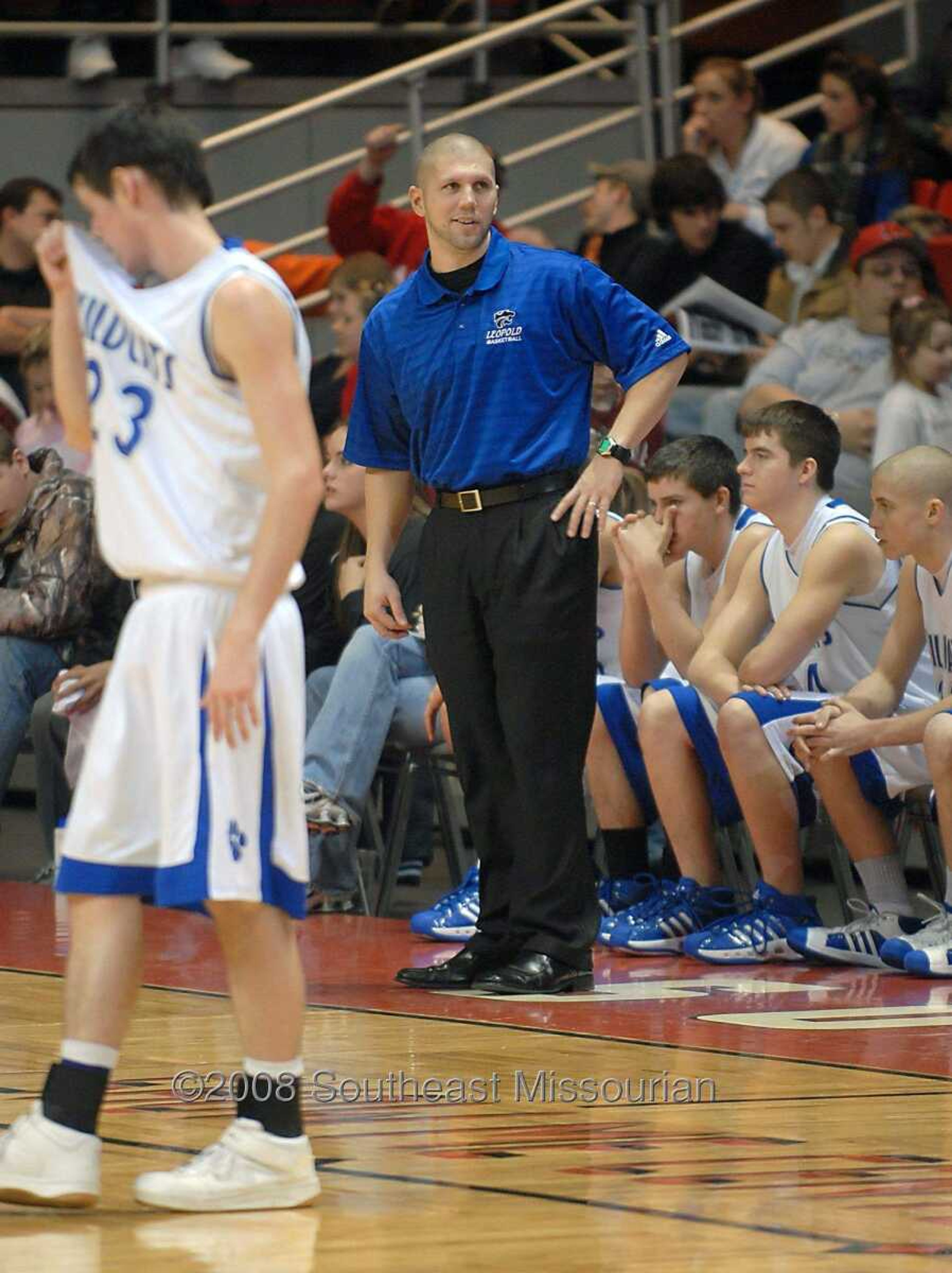 KIT DOYLE ~ kdoyle@semissourian.com
Leopold coach Shawn Kinder Friday evening, December 26, 2008, in the first round of the Southeast Missourian Christmas Tournament at the Show Me Center.