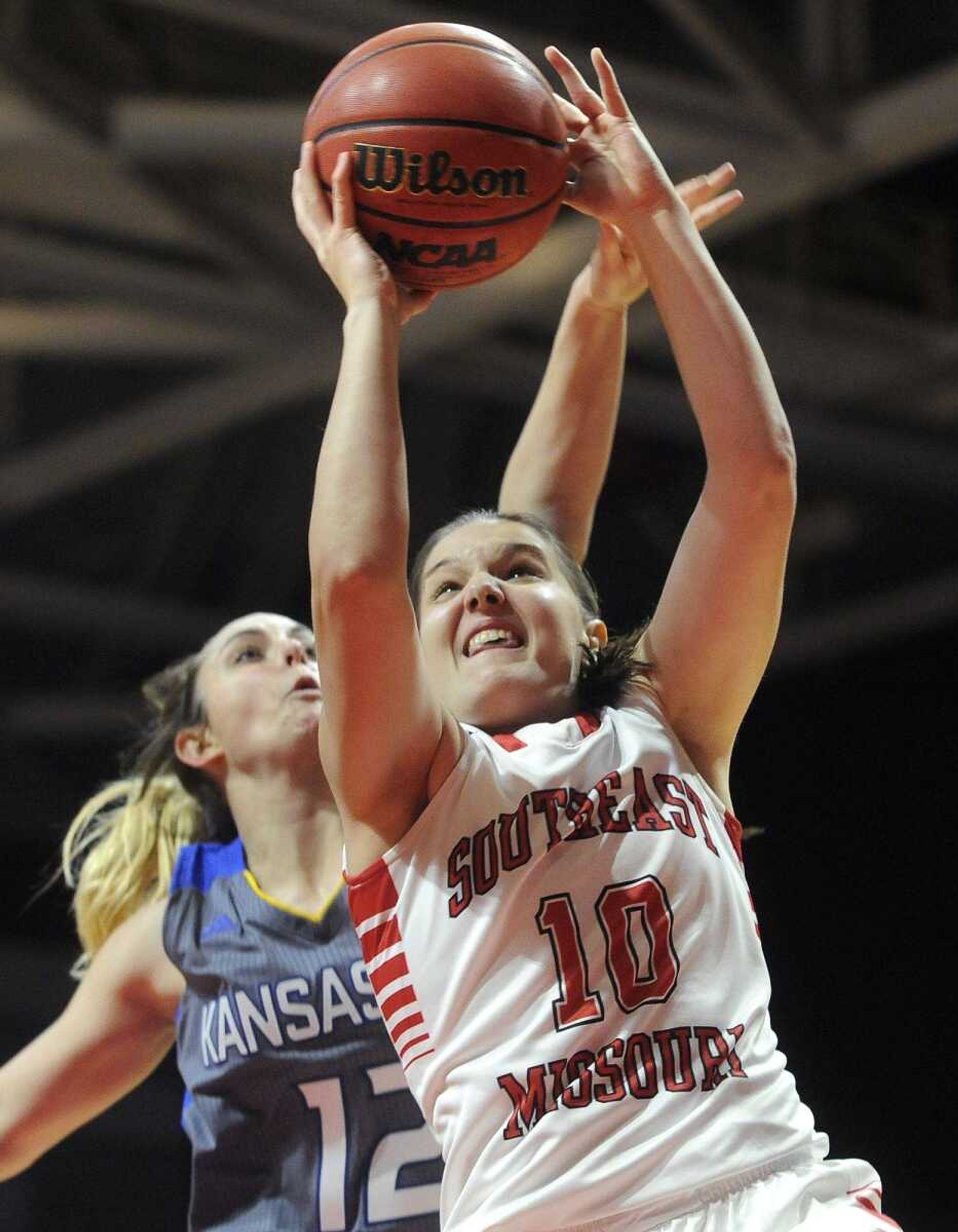 Southeast Missouri State's Ashton Luttrull takes a shot against Missouri-Kansas City's Kelsey Barrett during the third quarter Friday, Nov. 20, 2015 at the Show Me Center. (Fred Lynch)