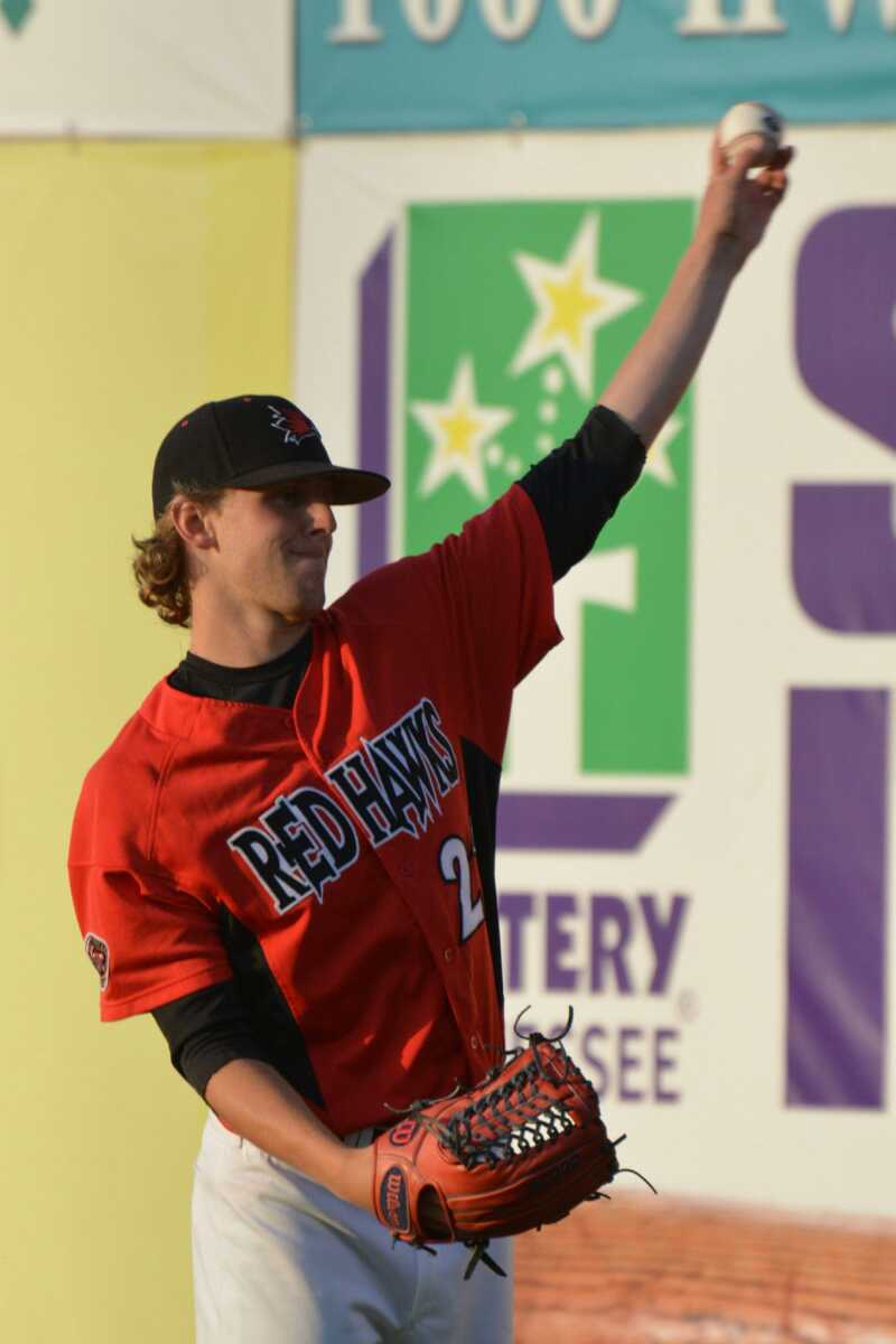 Southeast Missouri State pitcher Alex Winkelman throws before the start of Thursday&#8217;s OVC tournament game against Eastern Illinois in Jackson, Tenn. Winkelman threw eight innings and was the winning pitcher in the Redhawks&#8217; 8-6 victory. (WAYNE MCPHERSON ~ Special to Southeast Missourian)