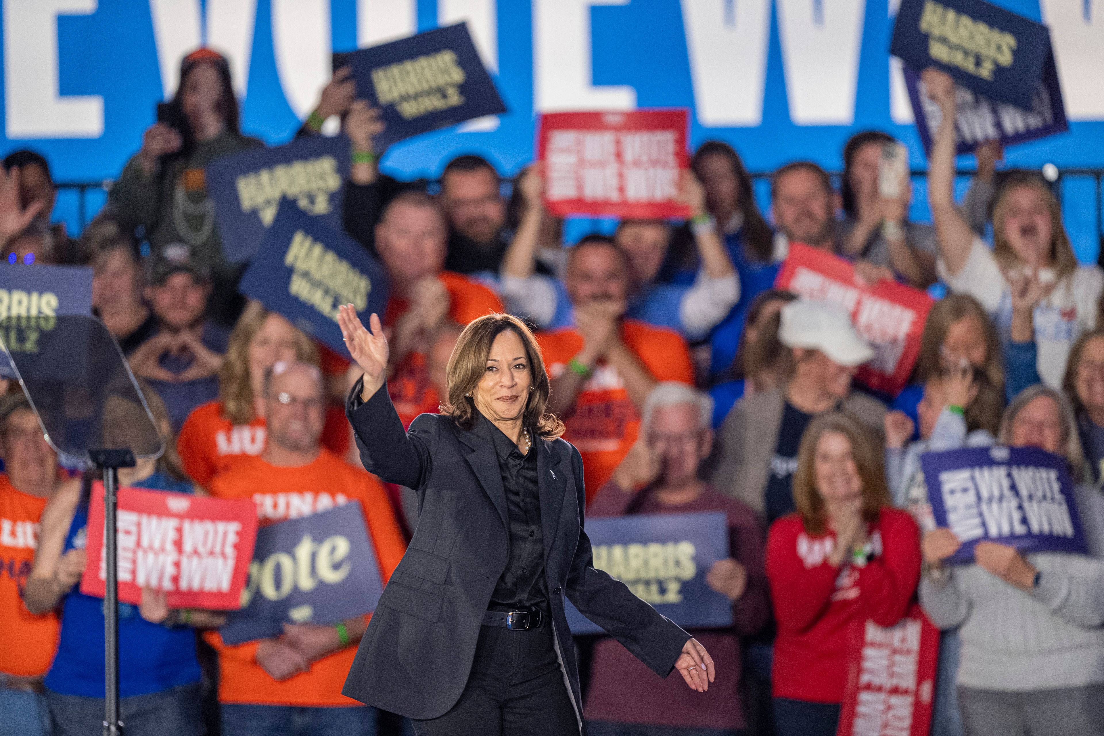 Democratic presidential nominee Vice President Kamala Harris waves to the crowd after speaking at a campaign event Friday, Nov. 1, 2024, in Little Chute, Wis. (AP Photo/Andy Manis)