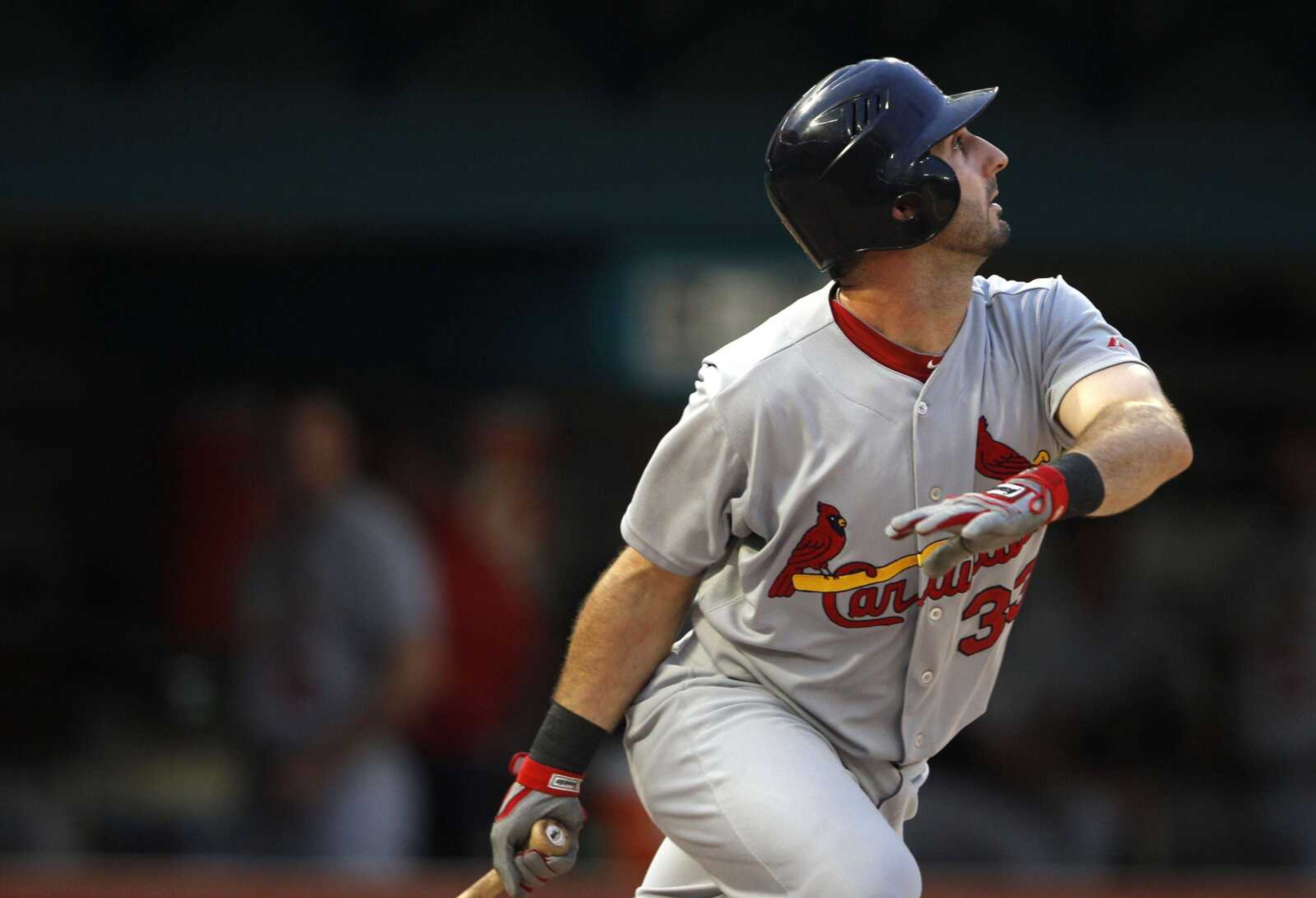 Cardinals third baseman Daniel Descalso doubles during the second inning Saturday in Miami. (LYNNE SLADKY ~ Associated Press)