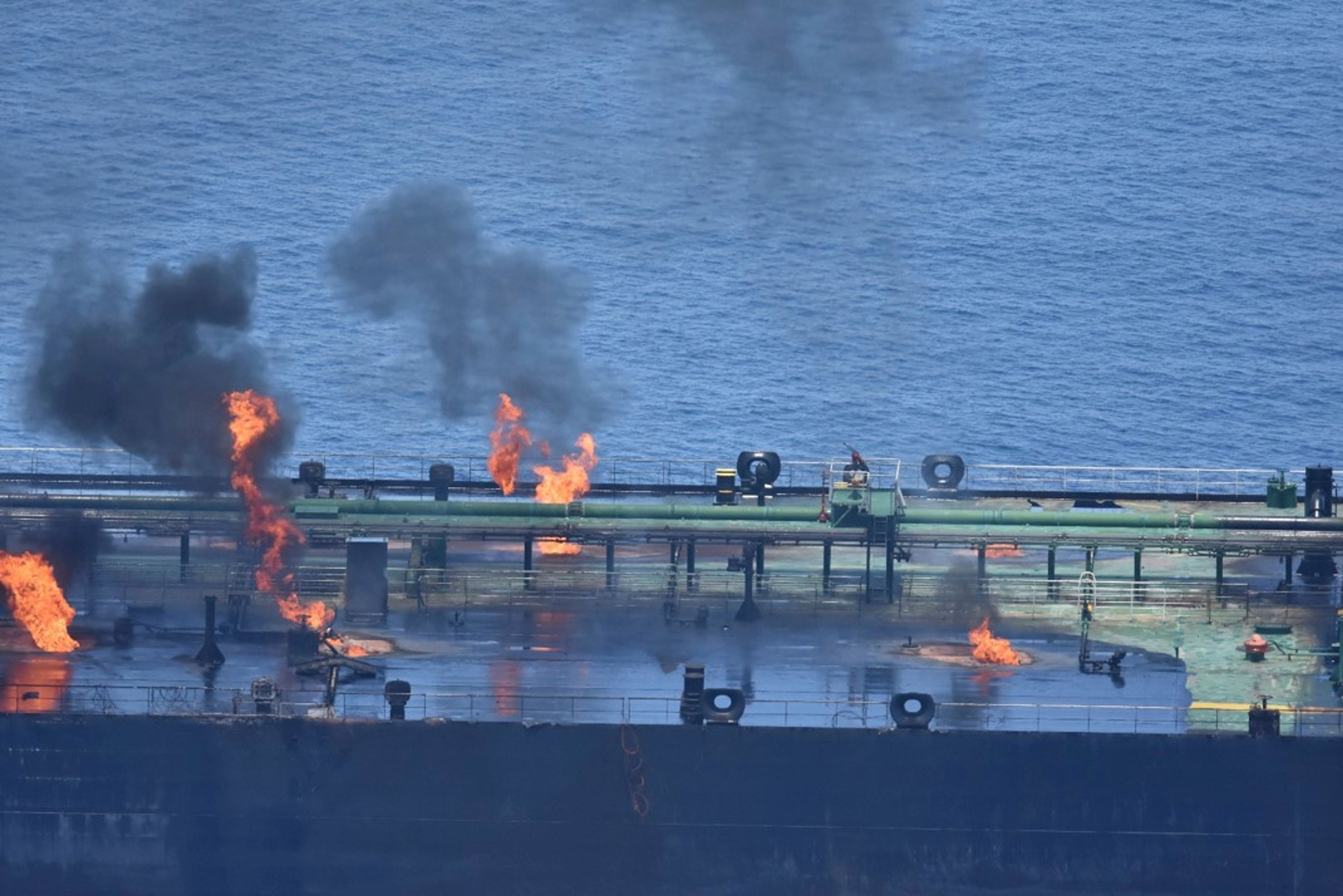 This photo released by the European Union's Operation Aspides shows fires burning aboard the oil tanker Sounion in the Red Sea on Sunday, Aug. 25, 2024. The EU mission said Monday that there were no signs of an oil spill emanating from the Sounion, which came under repeated attack by Yemen's Houthi rebels amid their campaign targeting shipping over the Israel-Hamas war in the Gaza Strip. (European Union's Operation Aspides via AP)