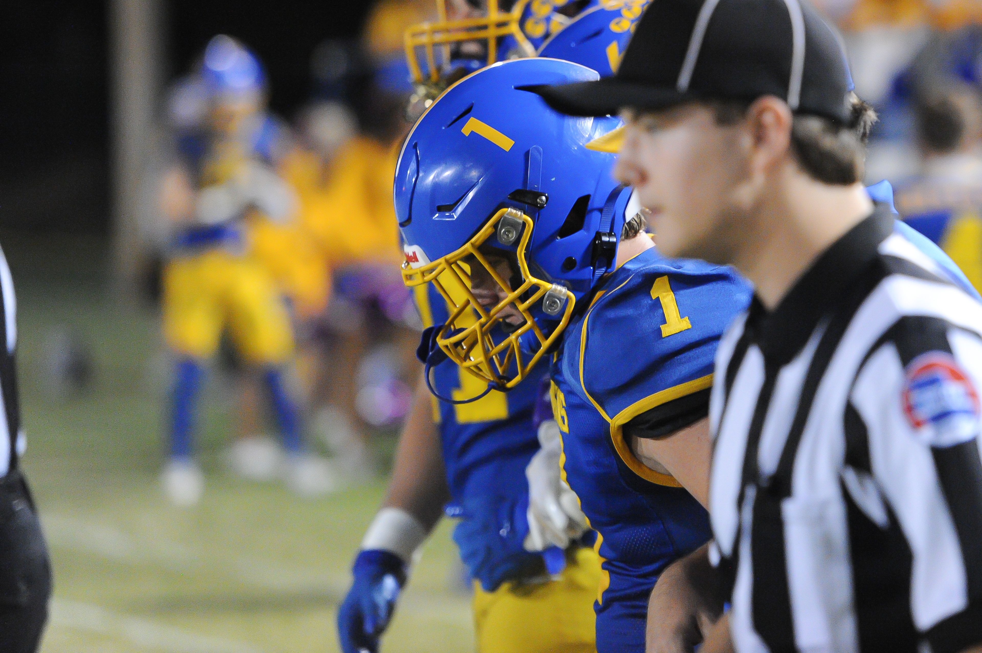 St. Vincent's Cruz Reitzel walks out for the coin toss before a Friday, October 4, 2024 game between the St. Vincent Indians and the Bayless Bronchos at St. Vincent High School in Perryville, Mo. St. Vincent defeated Bayless, 56-21.