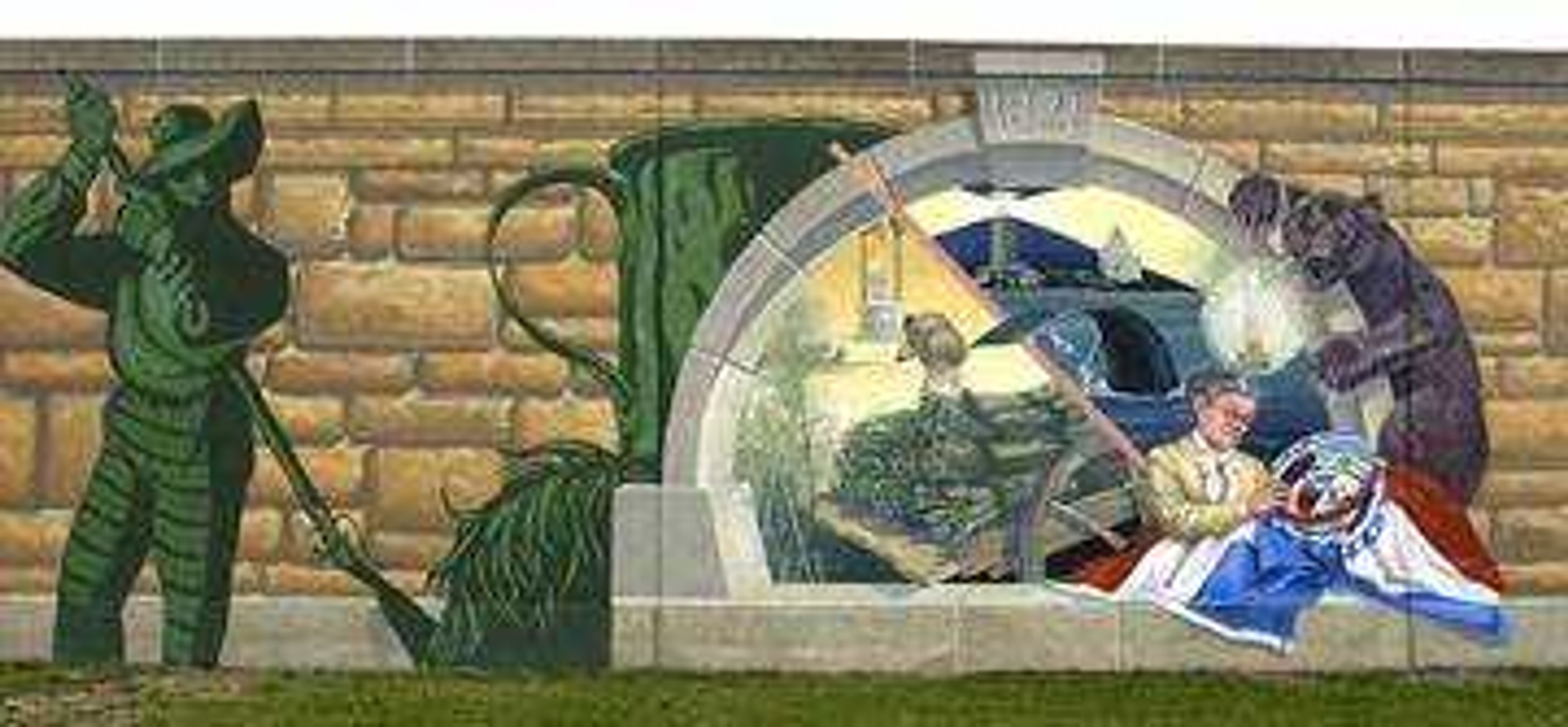 The mural is about Missouri statehood, which took place in 1821. The whale and lighthouse represent the state of Maine, while the riverboat and Mississippi River represent Missouri. Maine and Missouri came into the Union as part of the Missouri Compromise, which balanced the number of free states and slave states in the Union. Maine entered the Union as a free state and Missouri as a slave state. The green figure is the legendary keelboatman, Mike Fink.