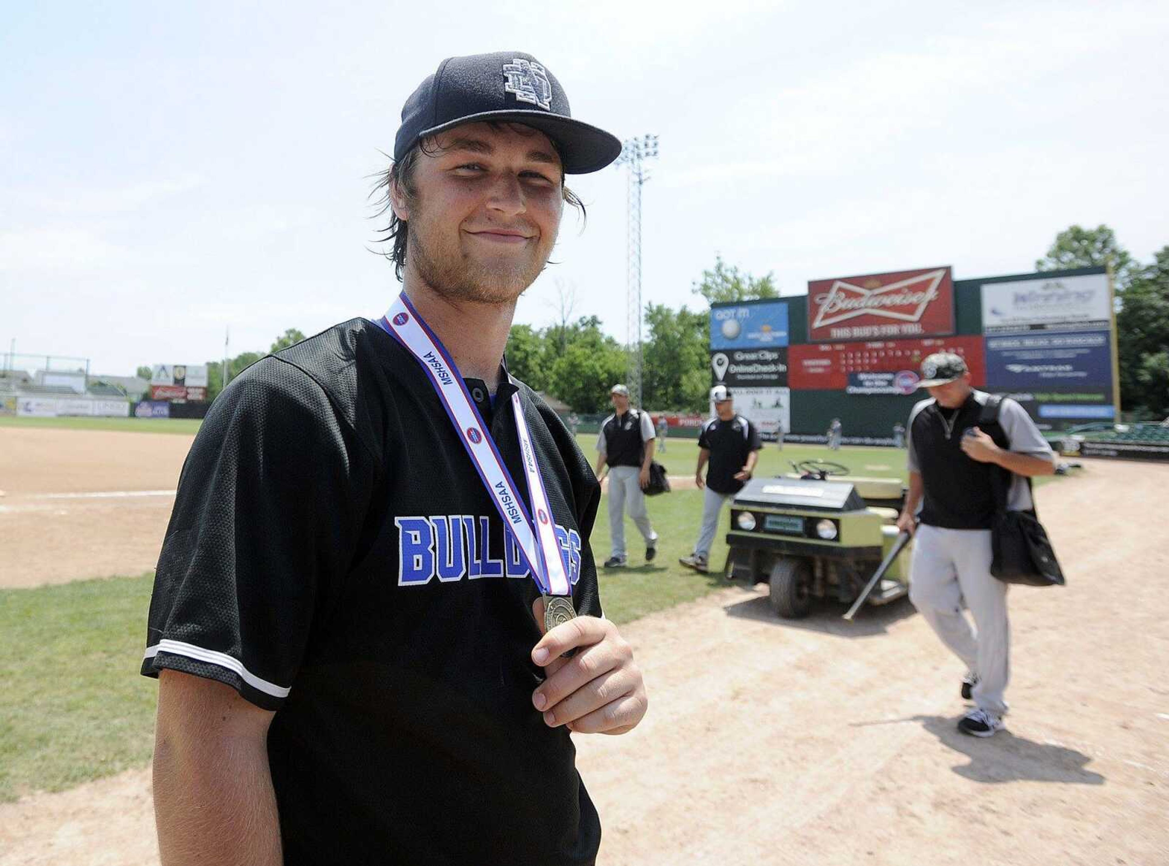 Notre Dame's Christian Job smiles after the Bulldogs Class 4 championship win over Sullivan, 17-0 in five innings, Saturday, June 6, 2015, in O Fallon, Missouri. (Laura Simon)