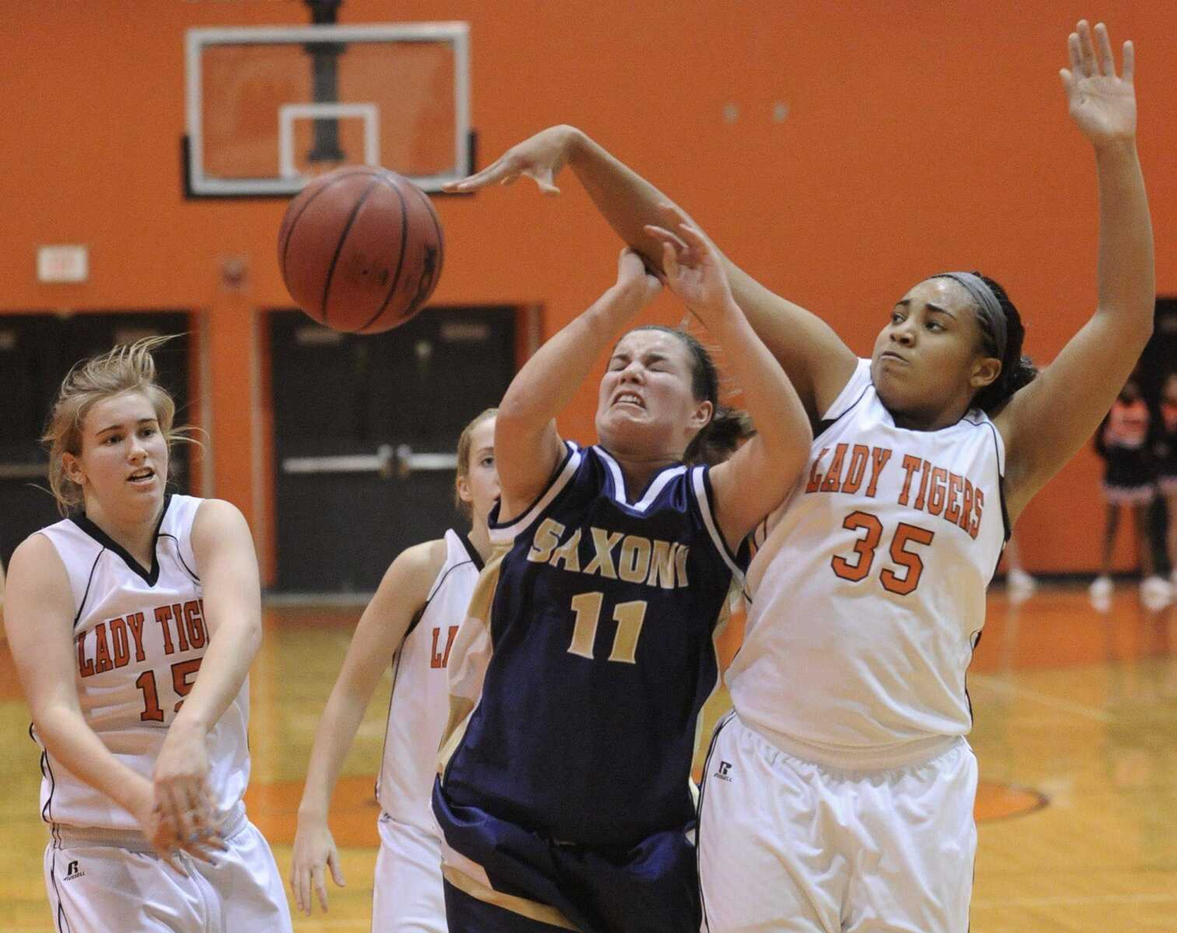 Saxony Lutheran's Julia Steffens loses control of the ball to Central defender Chelsea Vinson during the third quarter Wednesday. (Fred Lynch)