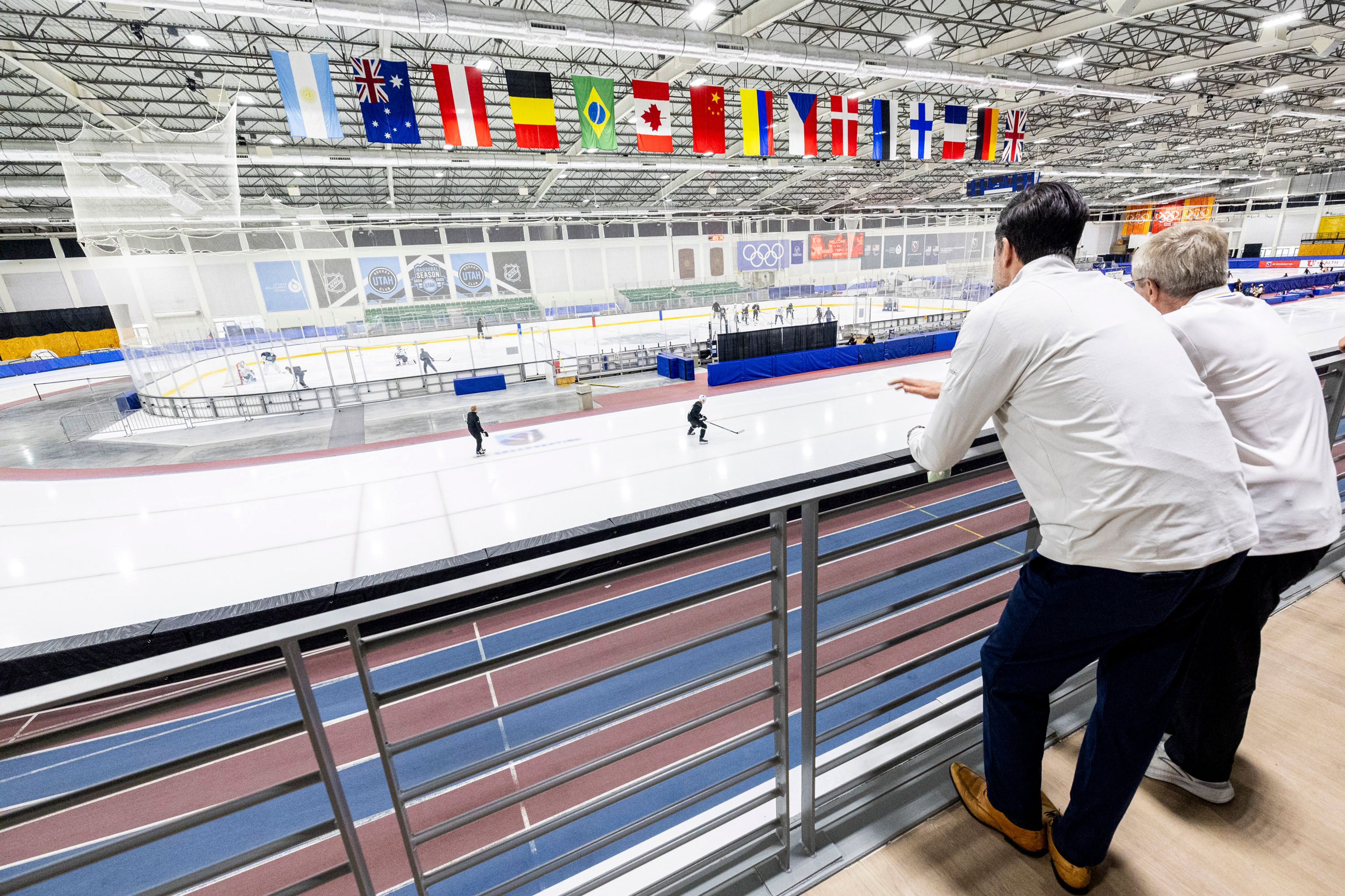 International Olympic Committee President Thomas Bach, far right, checks out the Utah Hockey Club's facilities with Chris Armstrong, president of hockey operations for the Utah Hockey Club, at the Utah Olympic Oval in Kearns, Utah, Saturday, Sept. 28. 2024. (Isaac Hale/The Deseret News via AP)