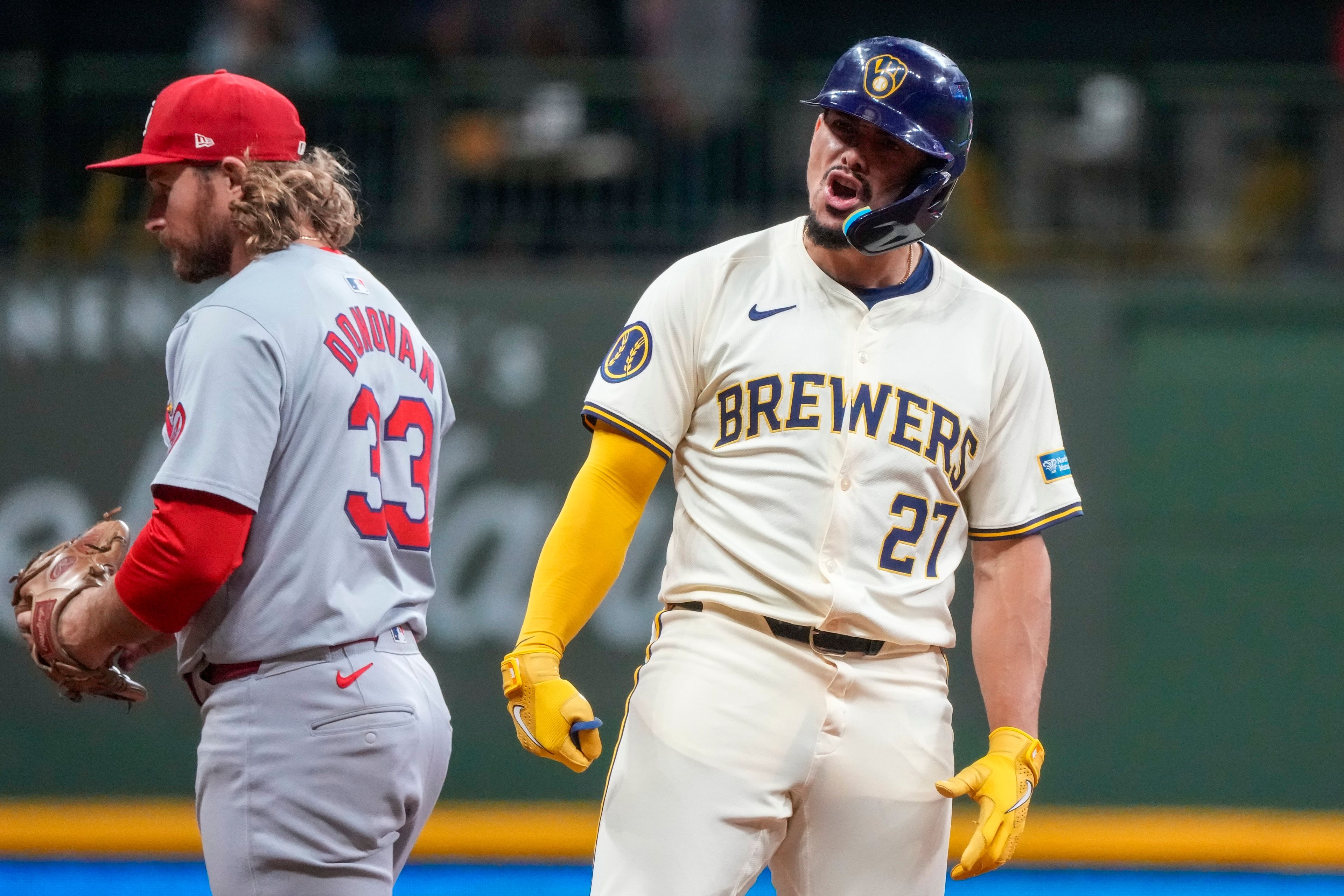 Milwaukee Brewers' Willy Adames reacts after hitting an RBI double during the 11th inning of a baseball game against the St. Louis Cardinals Tuesday, Sept. 3, 2024, in Milwaukee. (AP Photo/Morry Gash)