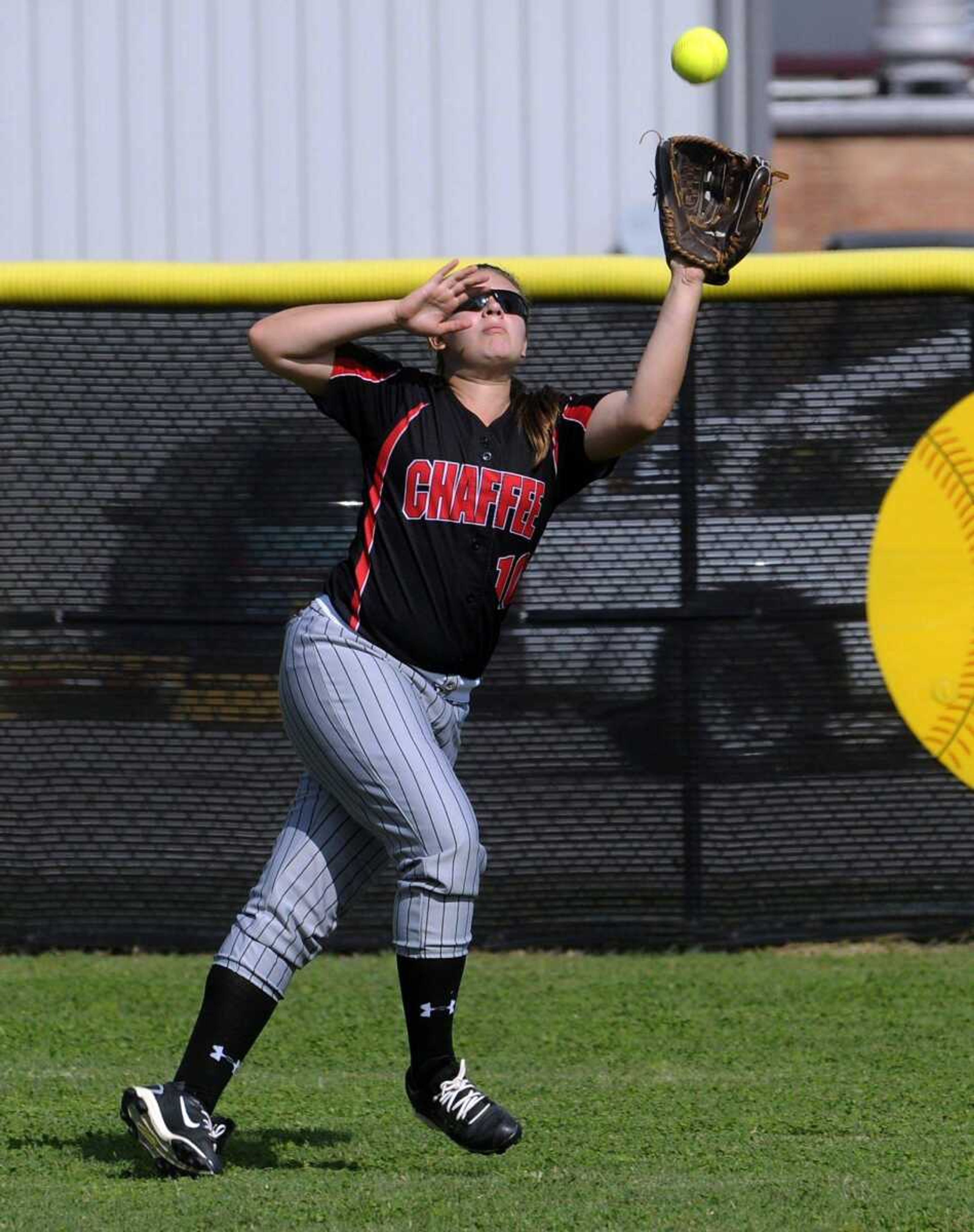 Chaffee right fielder Cassy Spane catches a Portageville fly ball during the second inning in the opening round of the Class 2 District 1 tournament Wednesday in Benton, Mo. (Fred Lynch)