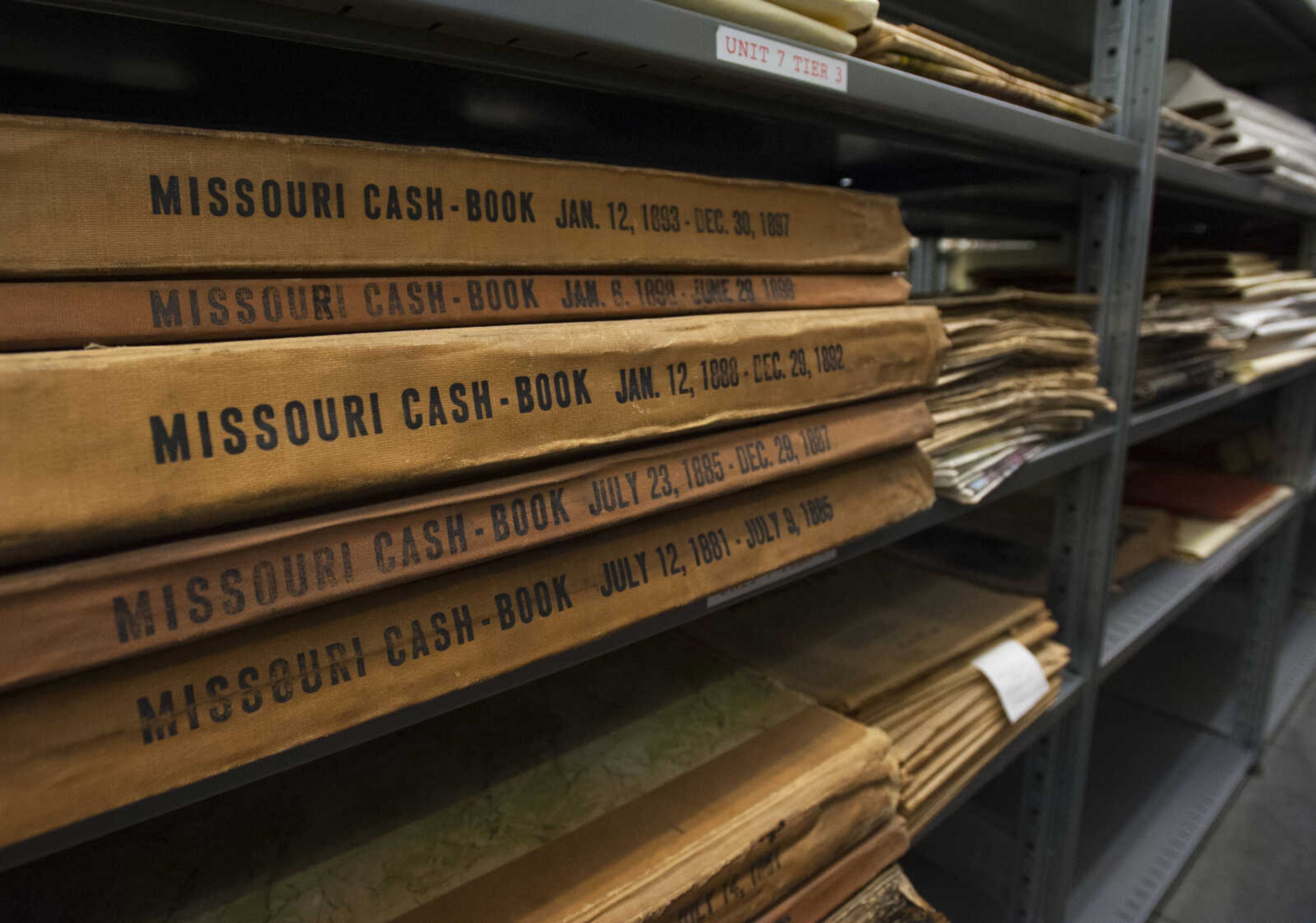 Archived state records from the 19th century rest on a shelf Thursday, March 8, 2018, at the Cape Girardeau County Archive Center in Jackson.