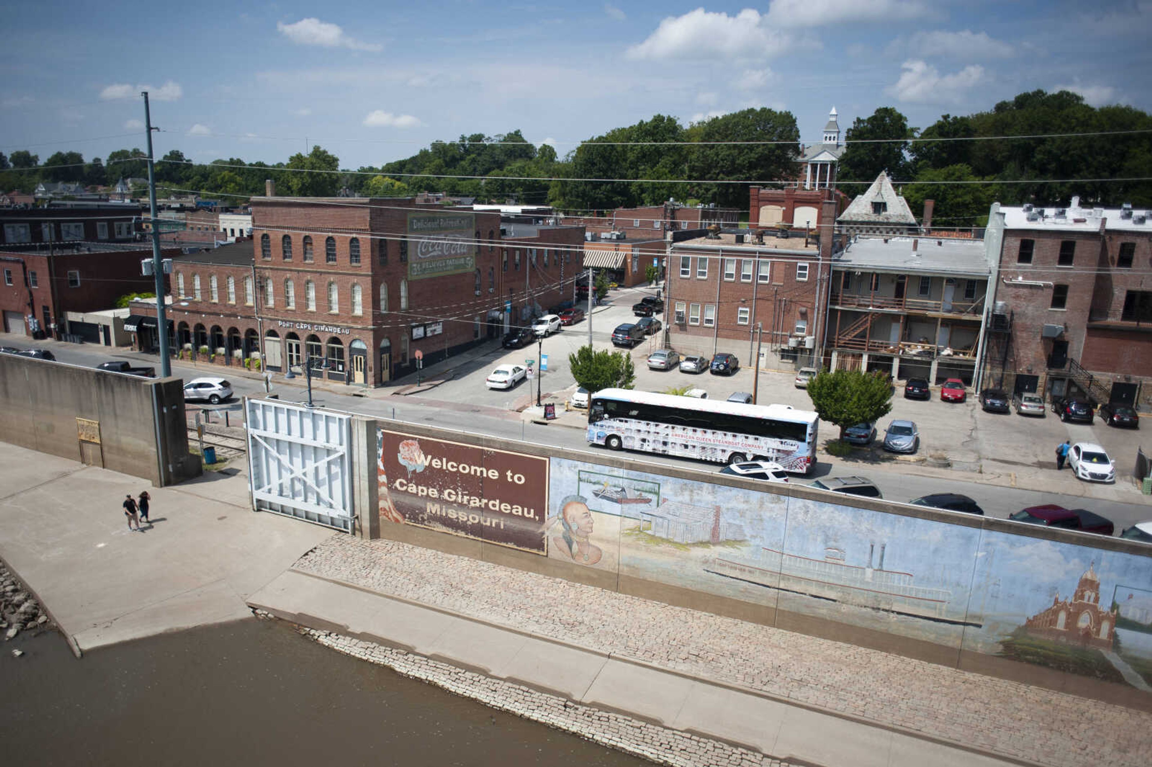 Downtown Cape Girardeau is seen from a deck of the docked American Queen riverboat Saturday, Aug. 3, 2019, on the Mississippi River in Cape Girardeau.