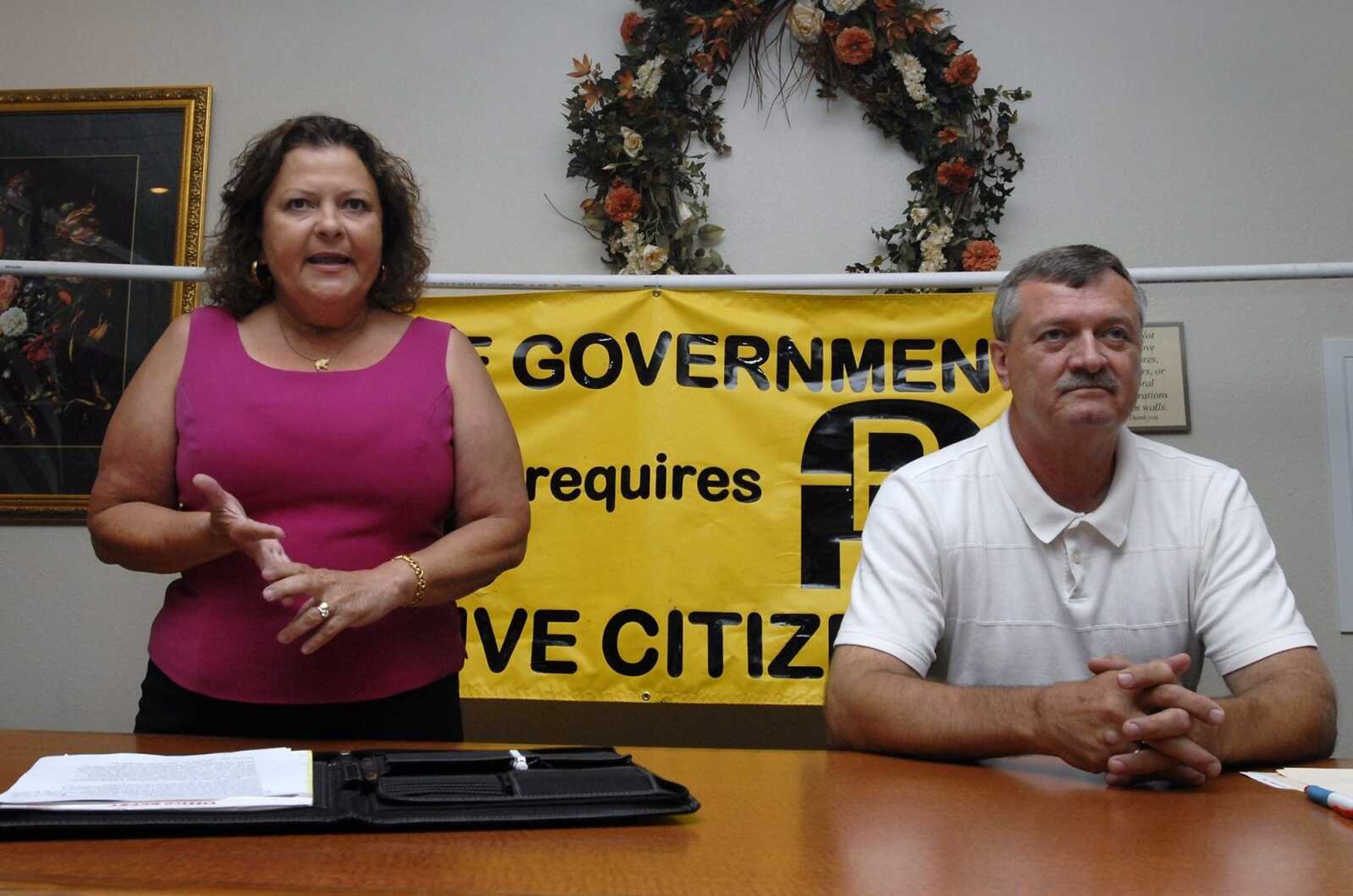 Donna Lichtenegger, left, and Gerald Adams participate in a forum hosted by the Pachyderm Club at Dexter Bar-B-Que in Cape Girardeau, Mo., on Thursday, July 15, 2010, in the leadup to the 2010 primary election. Lichtenegger won a close race. Now Adams is seeking the seat again. (Kristin Eberts)