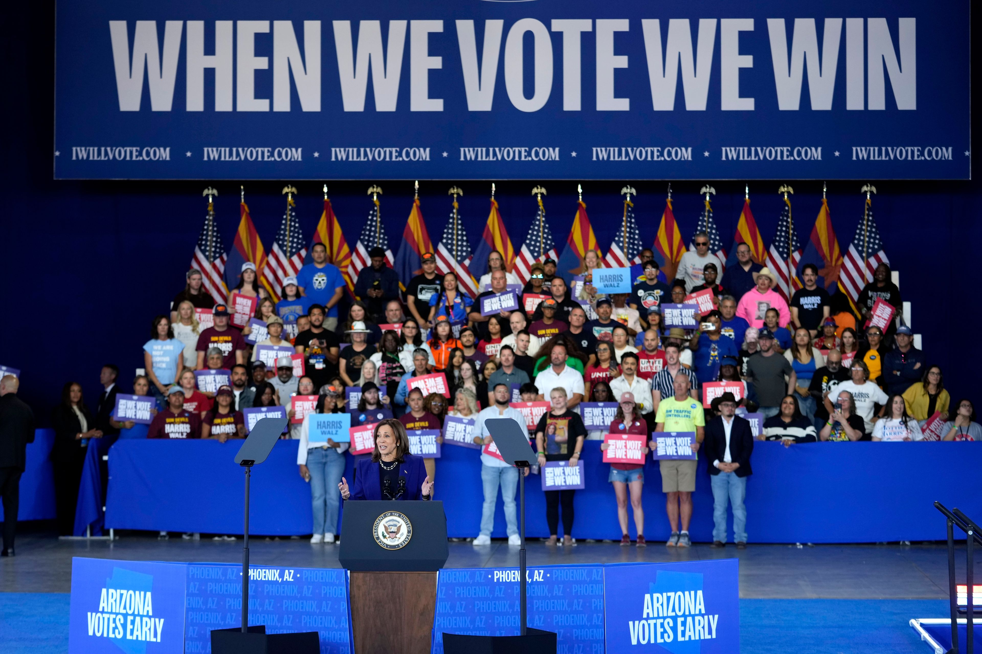 Democratic presidential nominee Vice President Kamala Harris speaks during a campaign event at Talking Stick Resort Amphitheatre, Thursday, Oct. 31, 2024, in Phoenix. (AP Photo/Matt York)