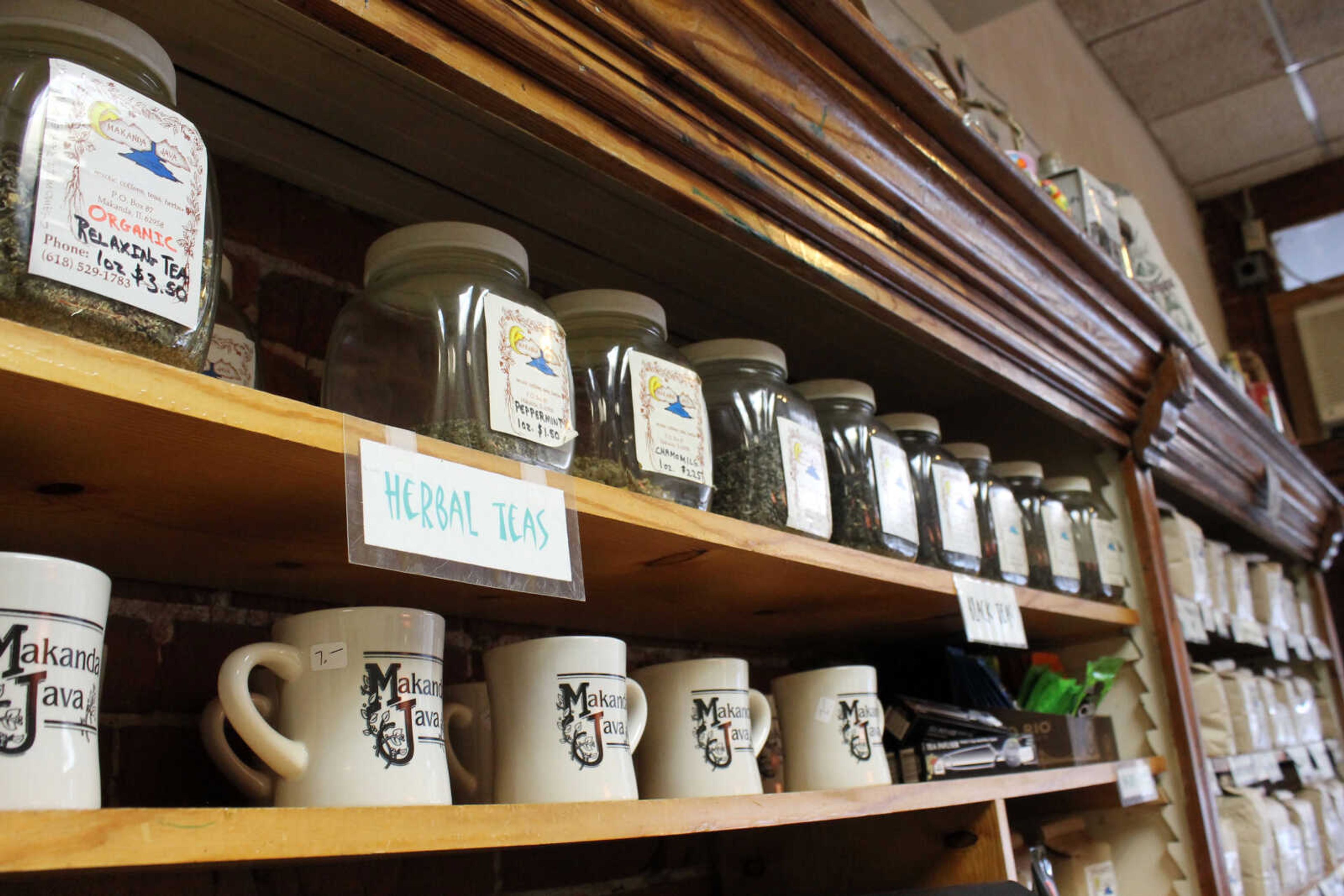 Emily Priddy ~ epriddy@semissourian.com
Coffee mugs and jars of loose tea line the shelves Friday, March 10, 2017, at Makanda Country Store in Makanda, Illinois.