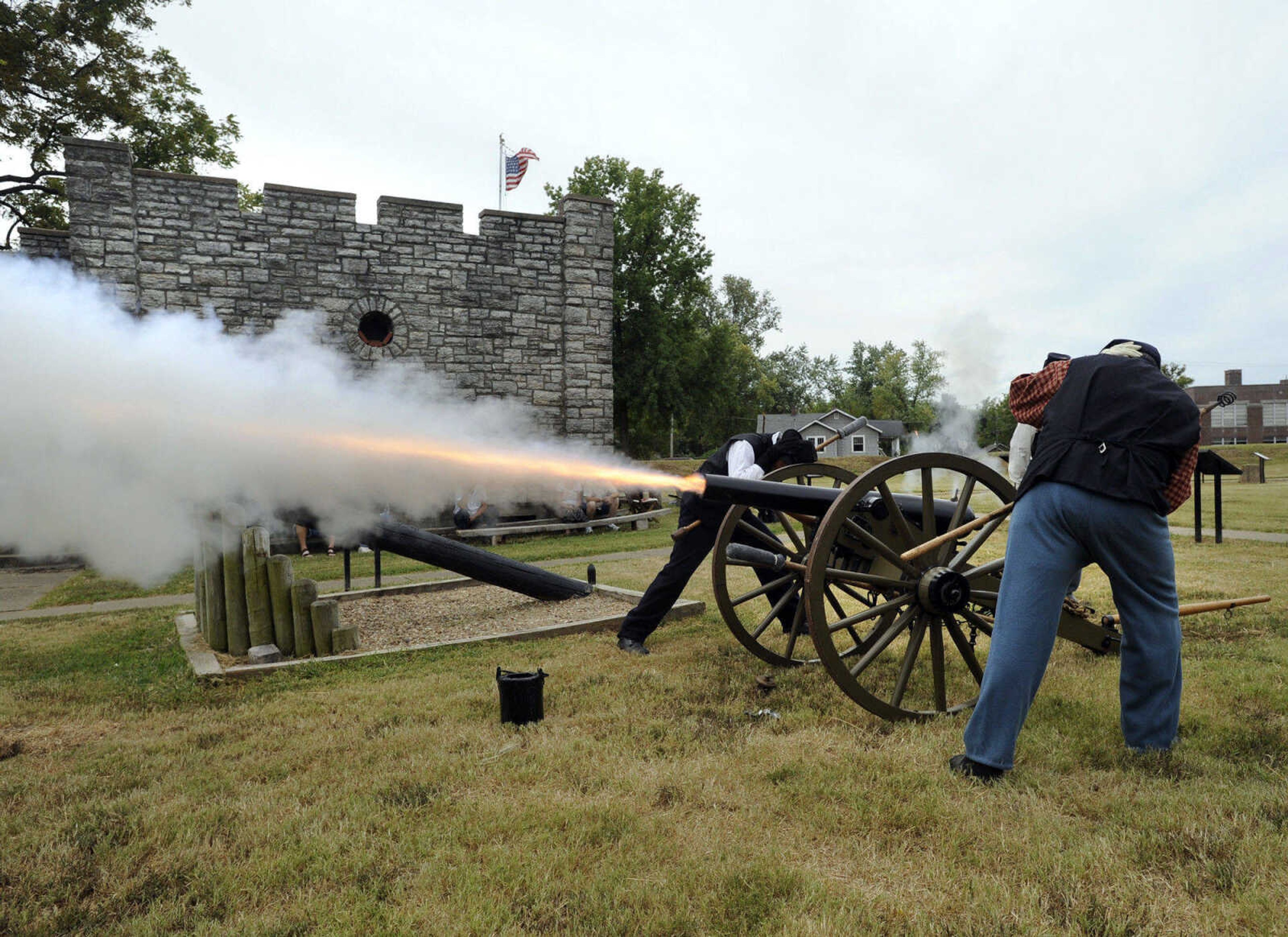 FRED LYNCH ~ flynch@semissourian.com
Turner Brigade members fire the cannon Monday, Sept. 5, 2011 at Fort D in Cape Girardeau.