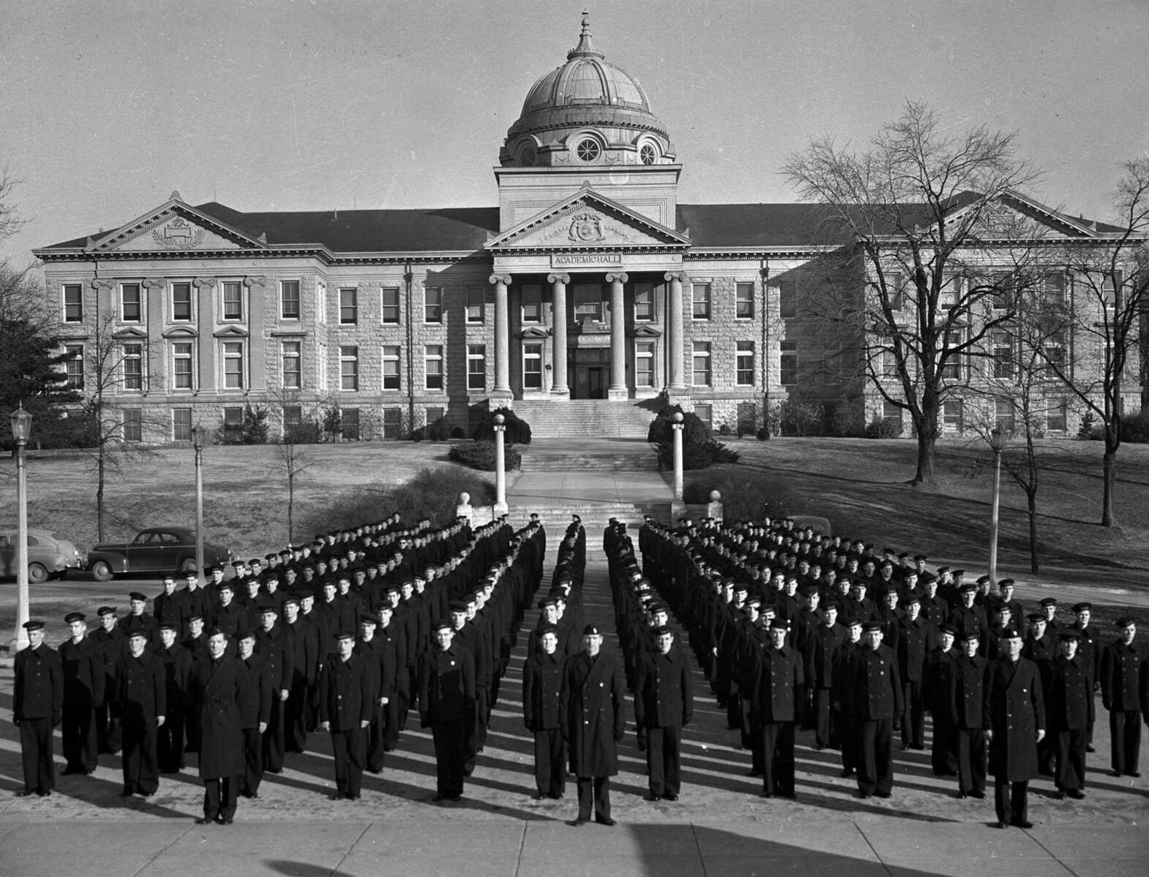 These men, arrayed before Academic Hall, were part of the Navy V-12 program at the Teachers College in 1943.