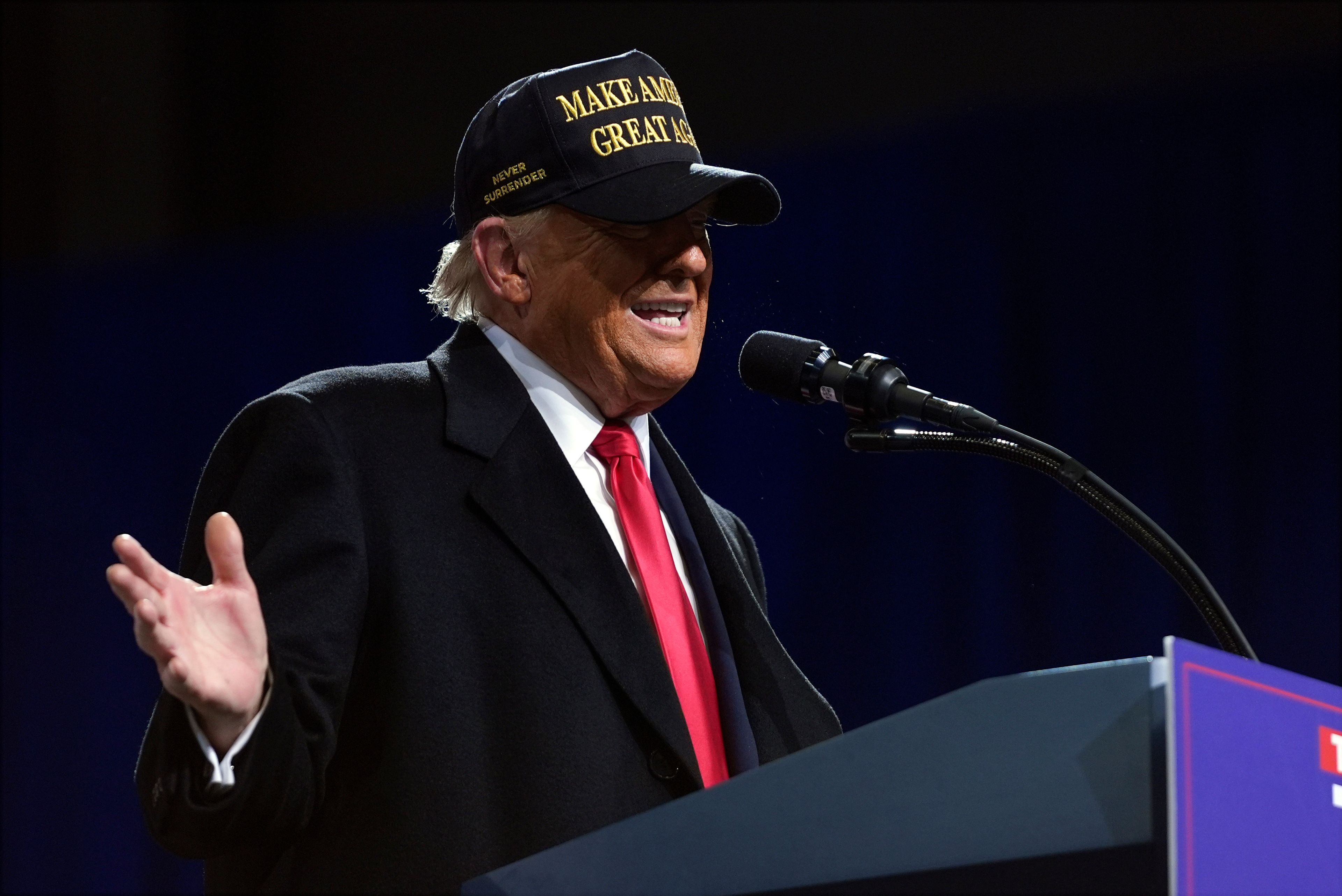 Republican presidential nominee former President Donald Trump speaks at a campaign rally at Atrium Health Amphitheater, Sunday, Nov. 3, 2024, in Macon, Ga. (AP Photo/Evan Vucci)