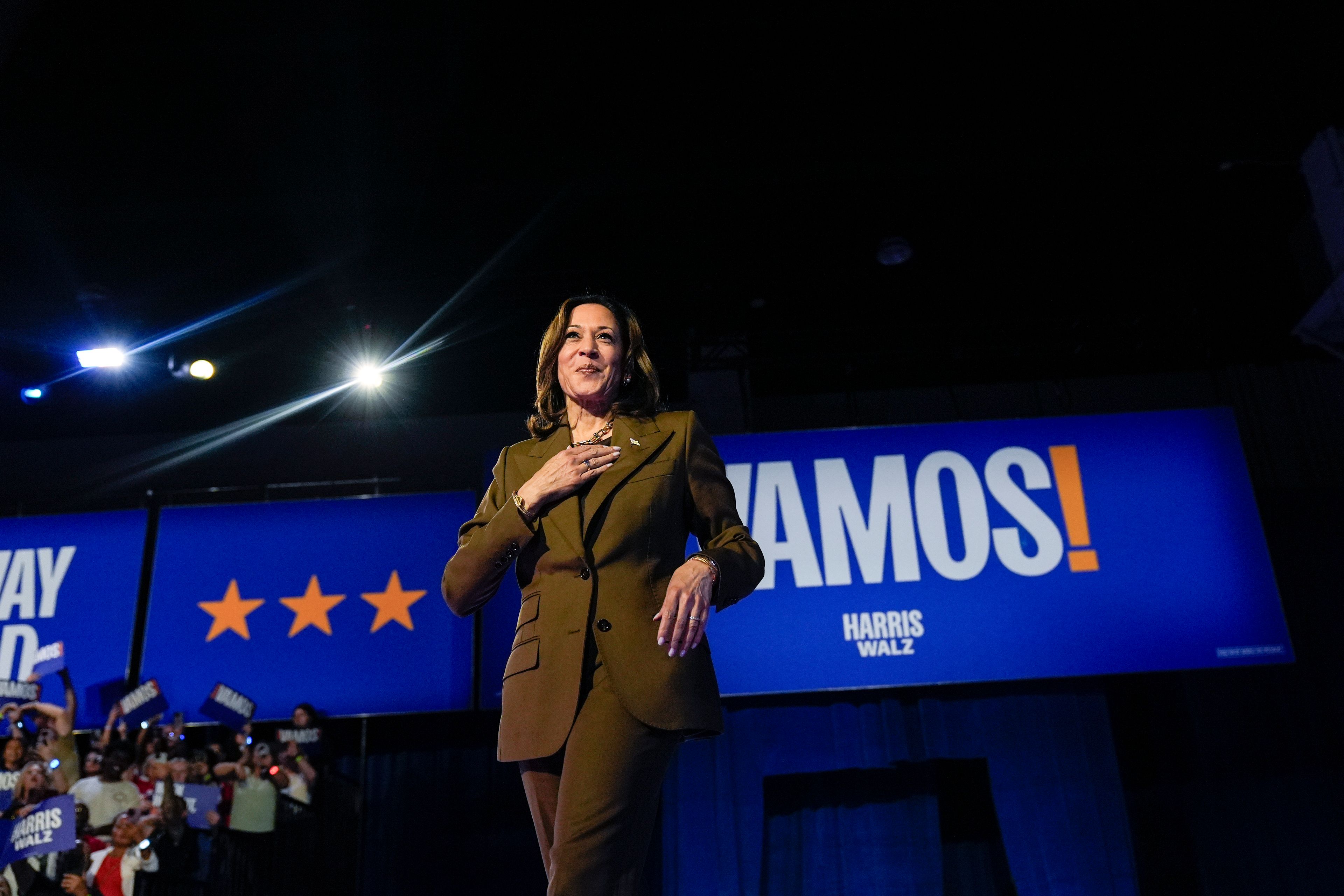 Democratic presidential nominee Vice President Kamala Harris arrives to speak at a rally on Sunday, Sept. 29, 2024, in Las Vegas. (AP Photo/Carolyn Kaster)