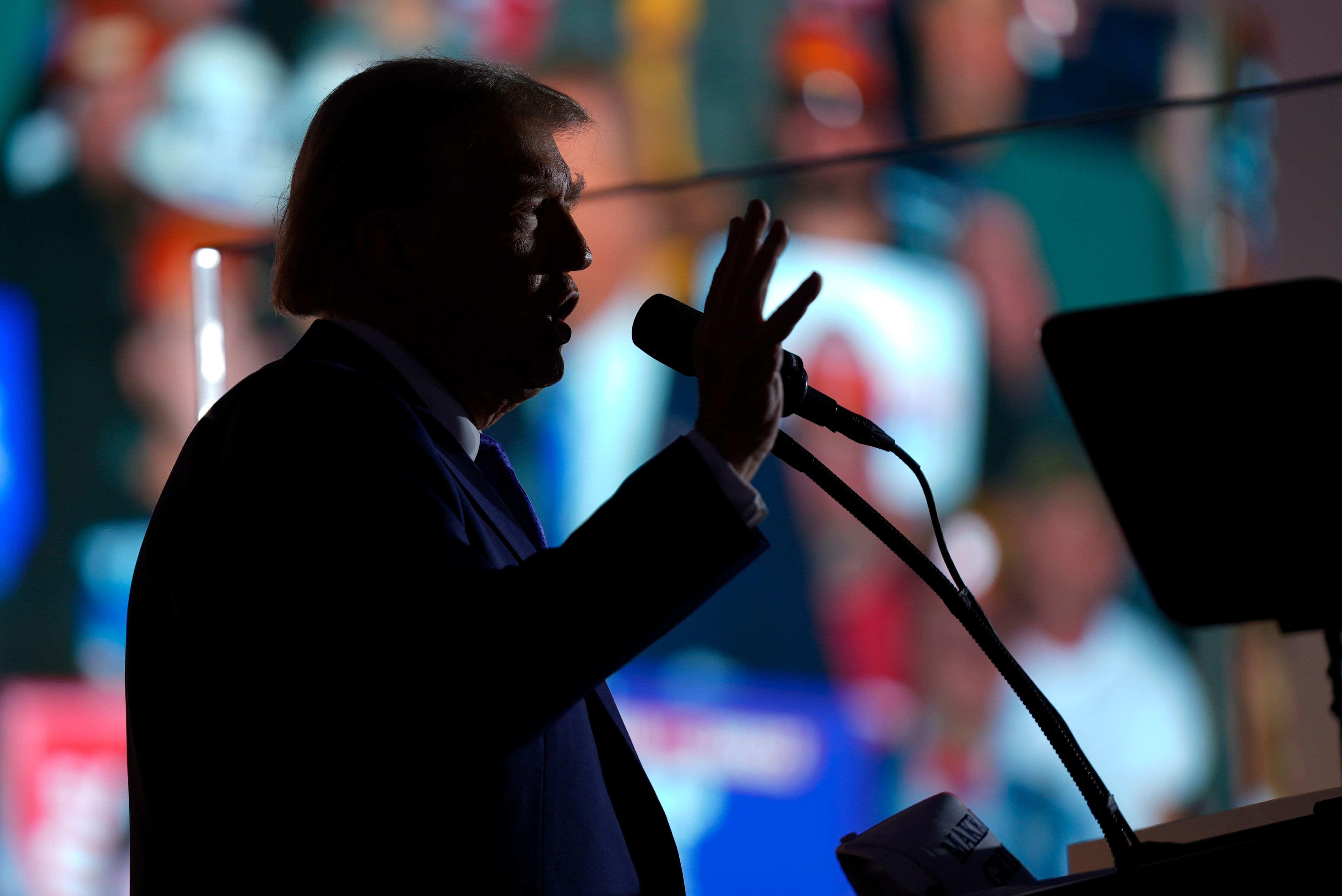 Republican presidential nominee former President Donald Trump speaks during a campaign rally at Arnold Palmer Regional Airport, Saturday, Oct. 19, 2024, in Latrobe, Pa. (AP Photo/Evan Vucci)