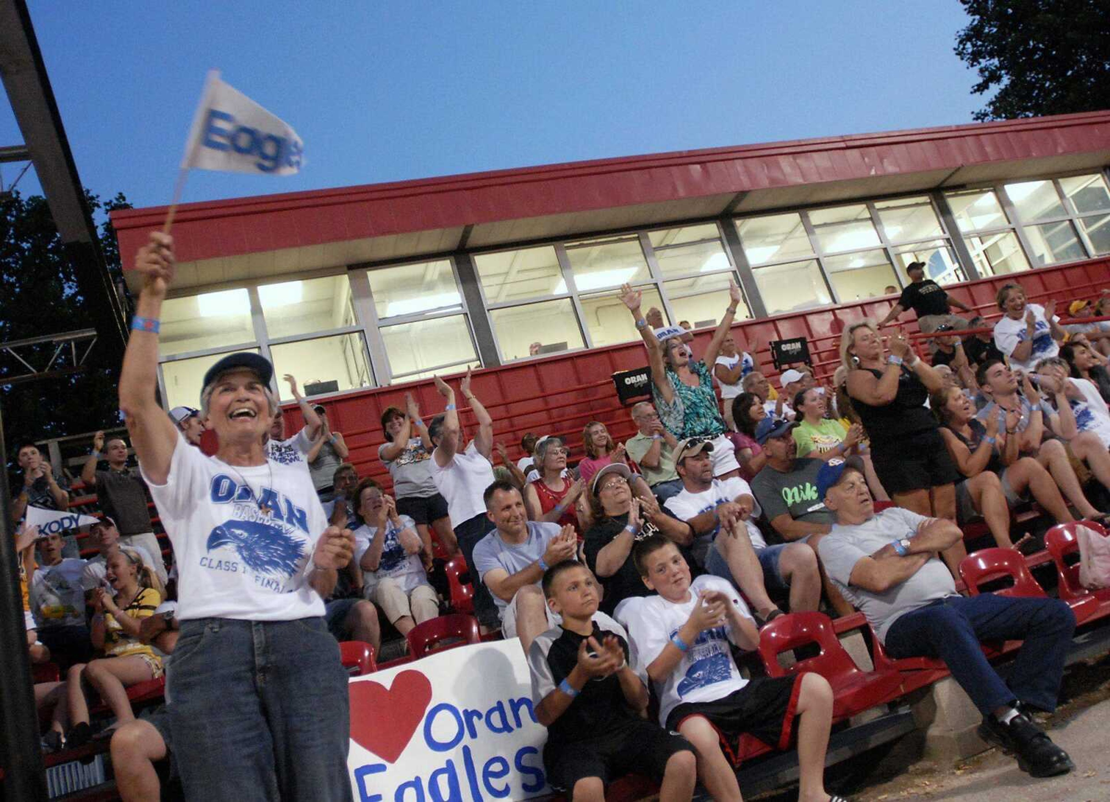 Oran fans celebrate a run during the second inning of the Class 1 third place game against St. Elizabeth on Thursday, June 2, 2011, in Springfield, Mo. Oran won 10-0. (Kristin Eberts)