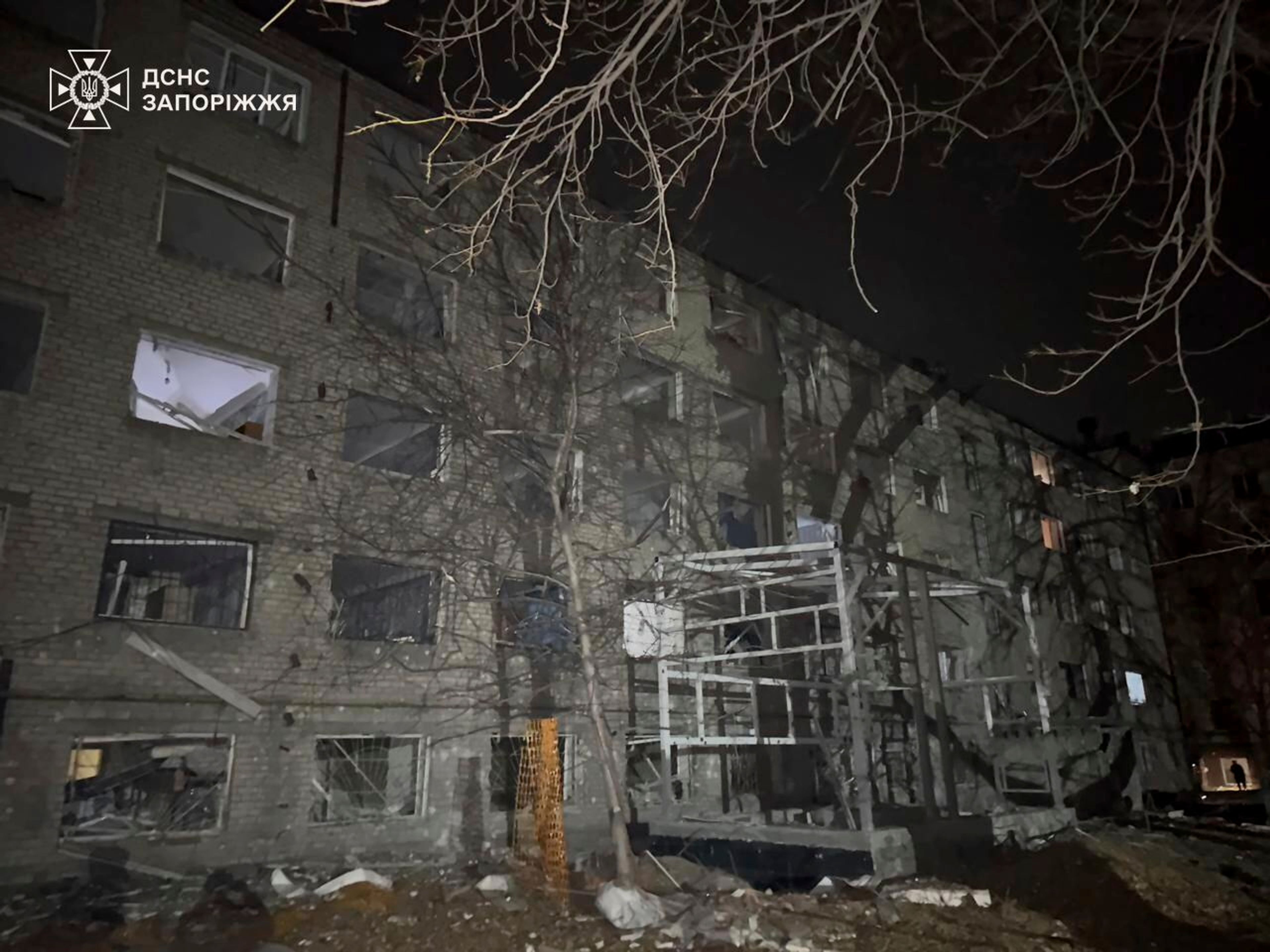 In this image provided by the Ukrainian Emergency Service on Monday, Nov. 11, 2024, a building is seen destroyed by a Russian attack in Zaporizhzhia, Ukraine. (Ukrainian Emergency Service via AP)