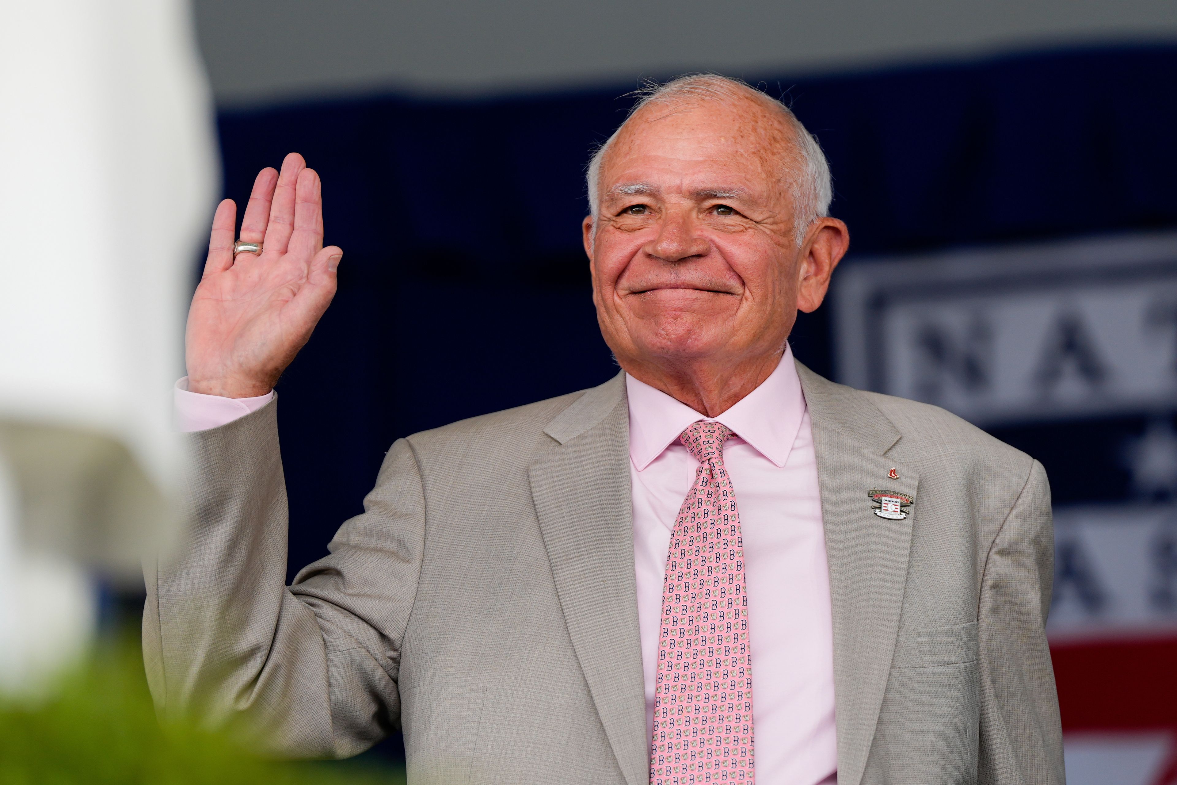 FILE - Boston Red Sox broadcaster Joe Castiglione arrives at the National Baseball Hall of Fame induction ceremony July 21, 2024, in Cooperstown, N.Y. (AP Photo/Julia Nikhinson, File)