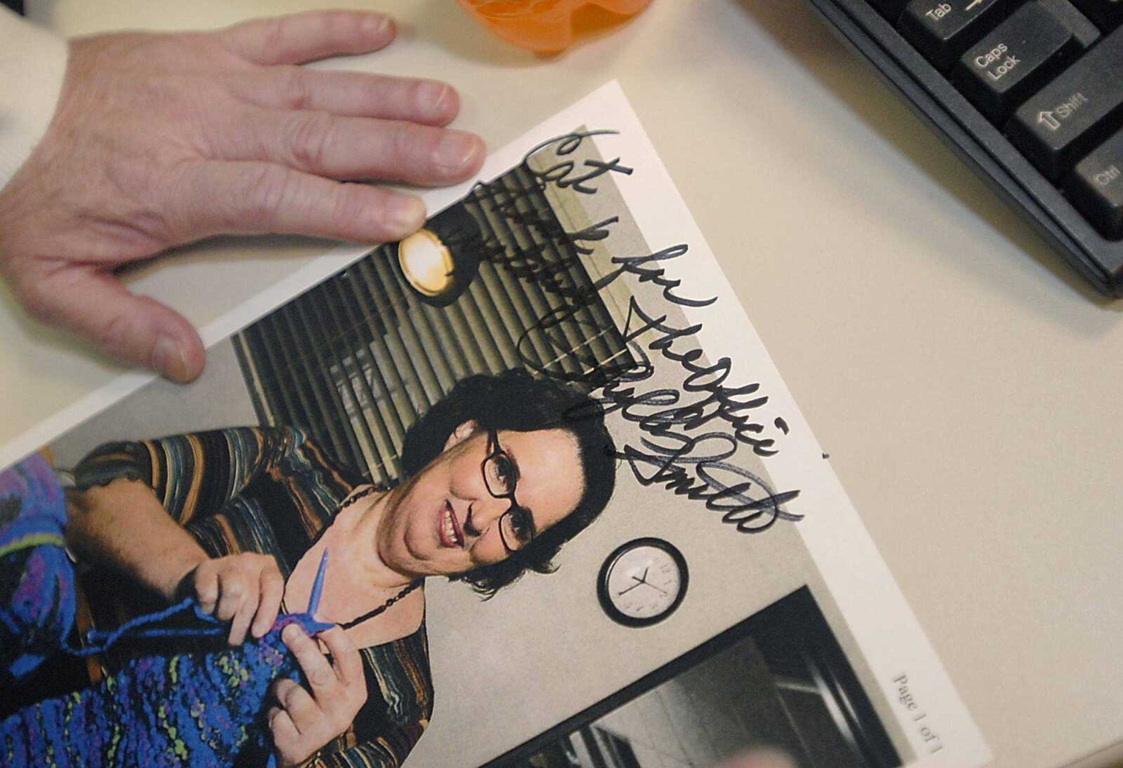 Phyllis Smith signed a photo of herself from the sitcom "The Office" for students Monday at Jackson Junior High School. (Kit Doyle)