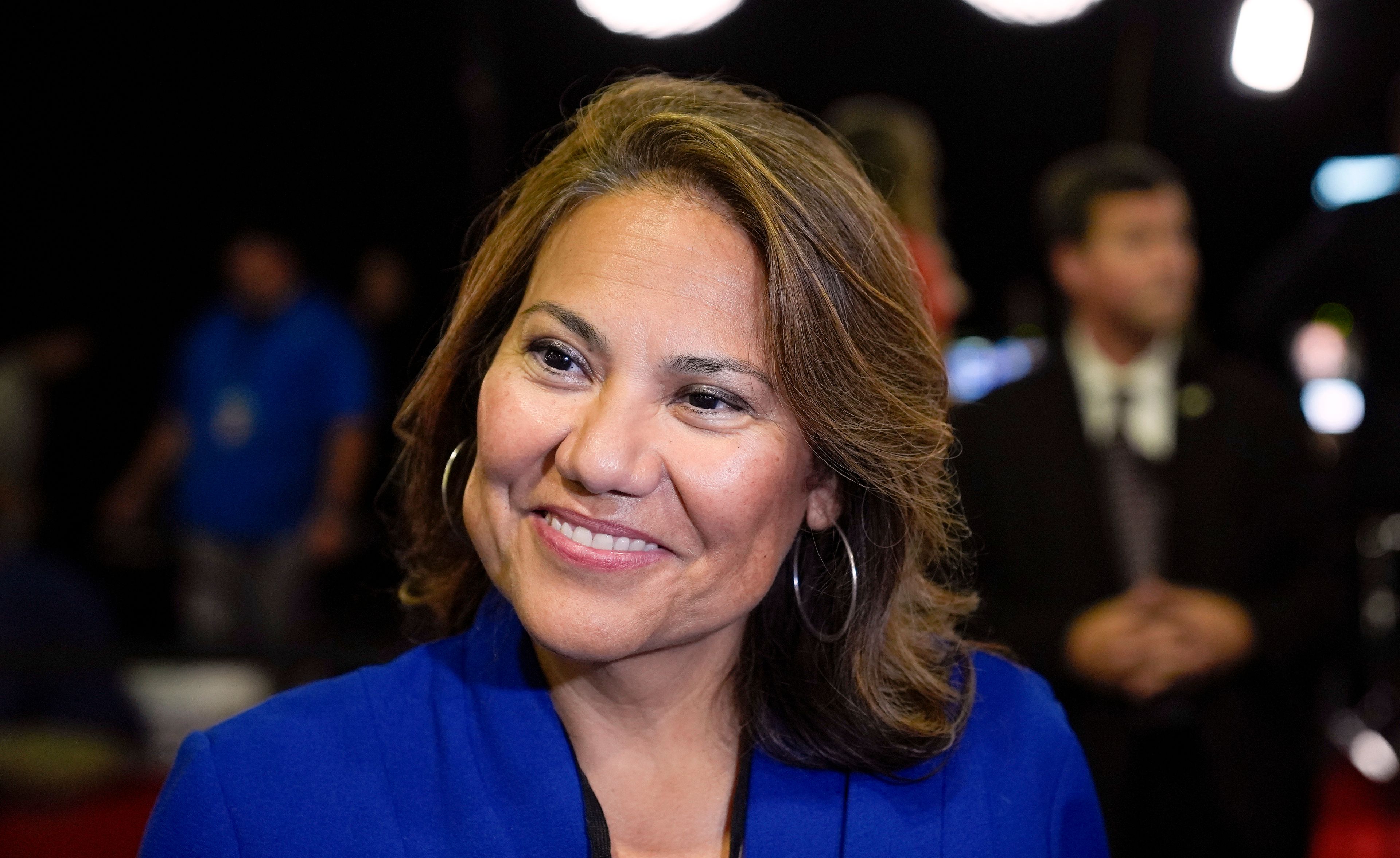 FILE - Rep. Veronica Escobar, D-Texas, is pictured in the spin room after a presidential debate, Sept. 10, 2024, in Philadelphia. (AP Photo/Matt Rourke, File)