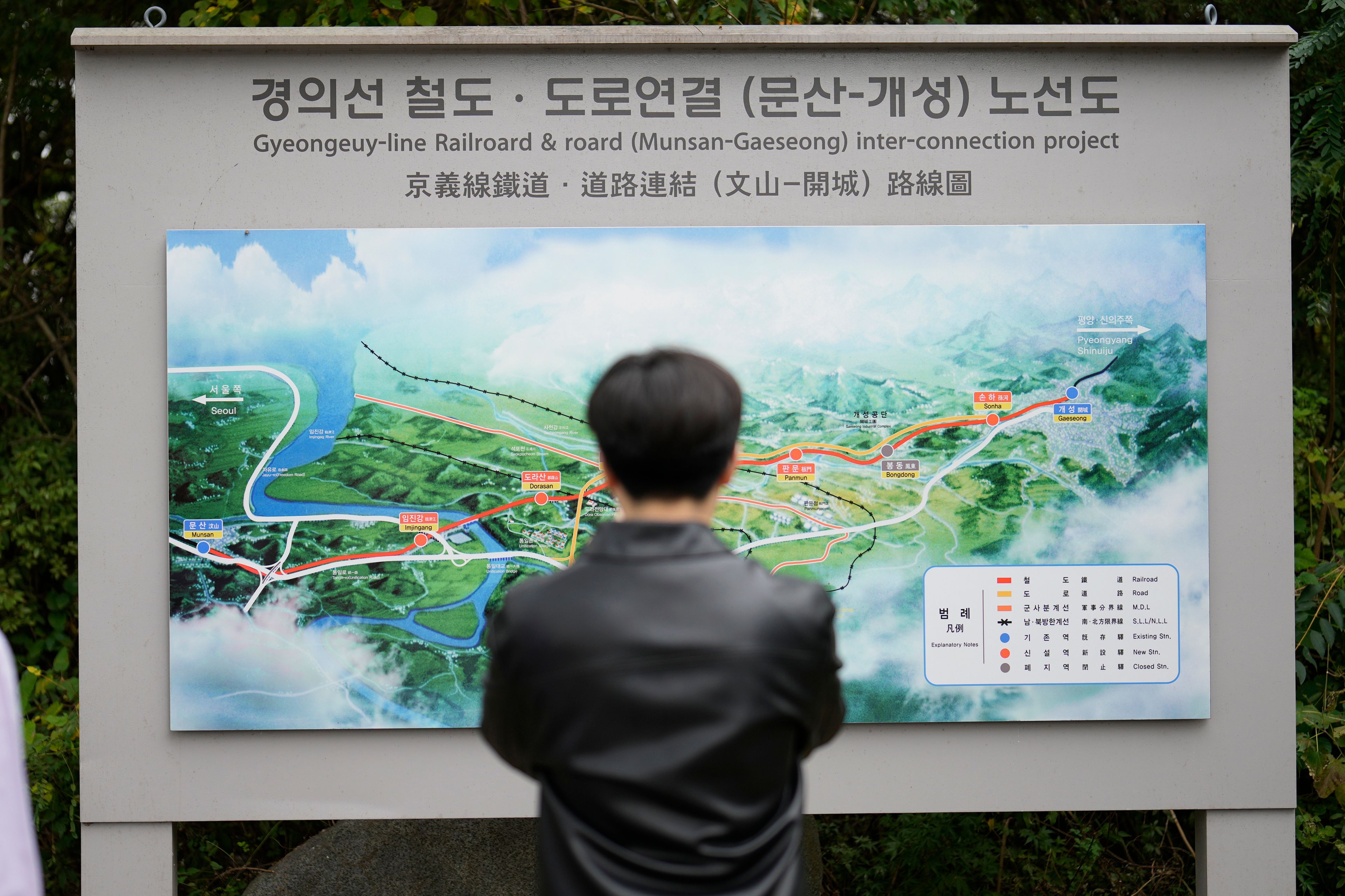 A visitor looks at a map of railroad and road between two Koreas cities, South's Munsan and North's Kaesong, at the Imjingak Pavilion in Paju, South Korea, Tuesday, Oct. 15, 2024. (AP Photo/Lee Jin-man)