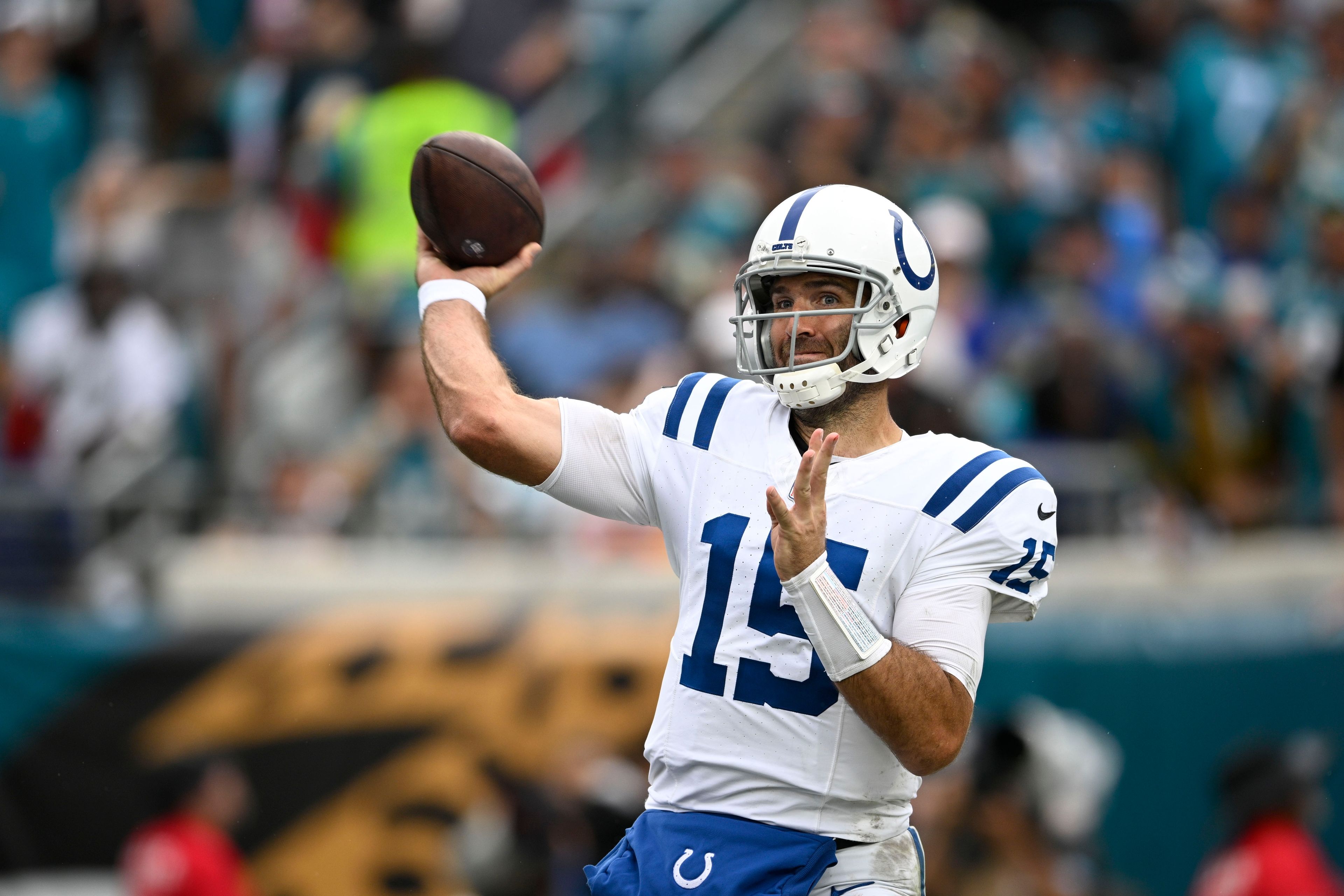 Indianapolis Colts quarterback Joe Flacco throws during the second half of an NFL football game against the Jacksonville Jaguars, Sunday, Oct. 6, 2024, in Jacksonville, Fla. (AP Photo/Phelan M. Ebenhack)