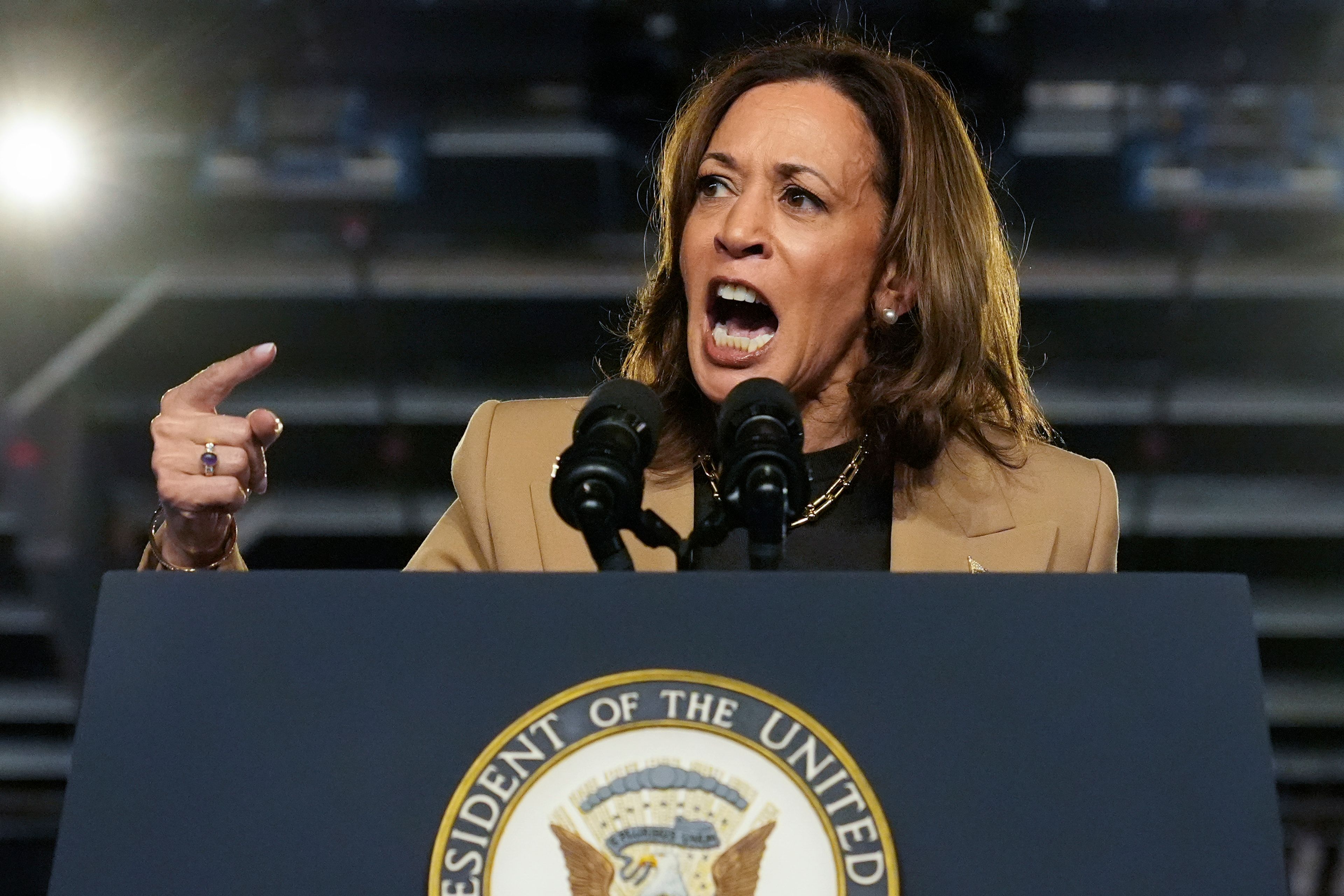 Democratic presidential nominee Vice President Kamala Harris speaks at a campaign event Thursday, Oct. 10, 2024, on the Gila River Indian Community reservation in Chandler, Ariz. (AP Photo/Ross D. Franklin)