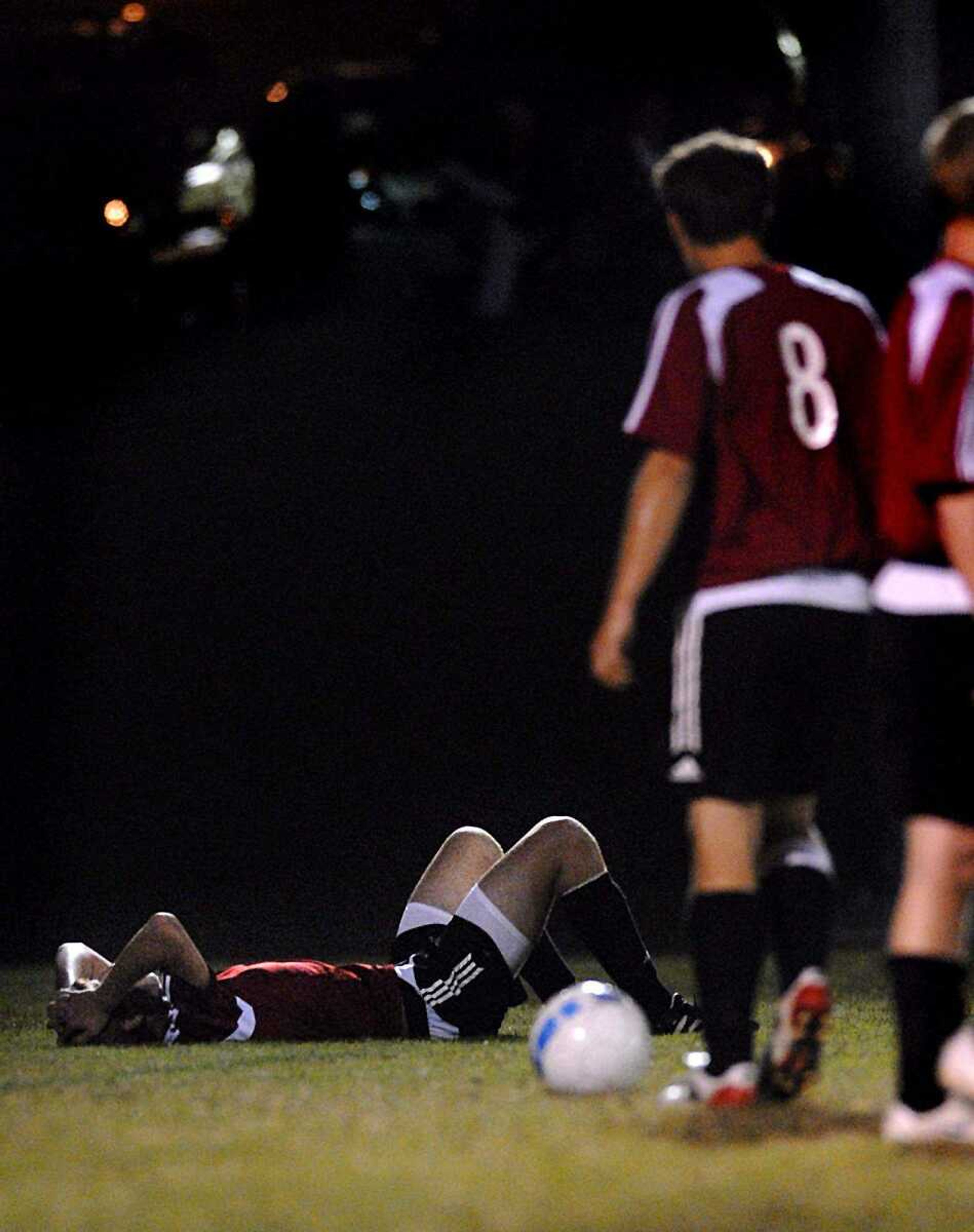 AARON EISENHAUER ~ aeisenhauer@semissourian.com
Jackson's Cody Boehme lies on the grass momentarily after his team gave up the first goal to Notre Dame.