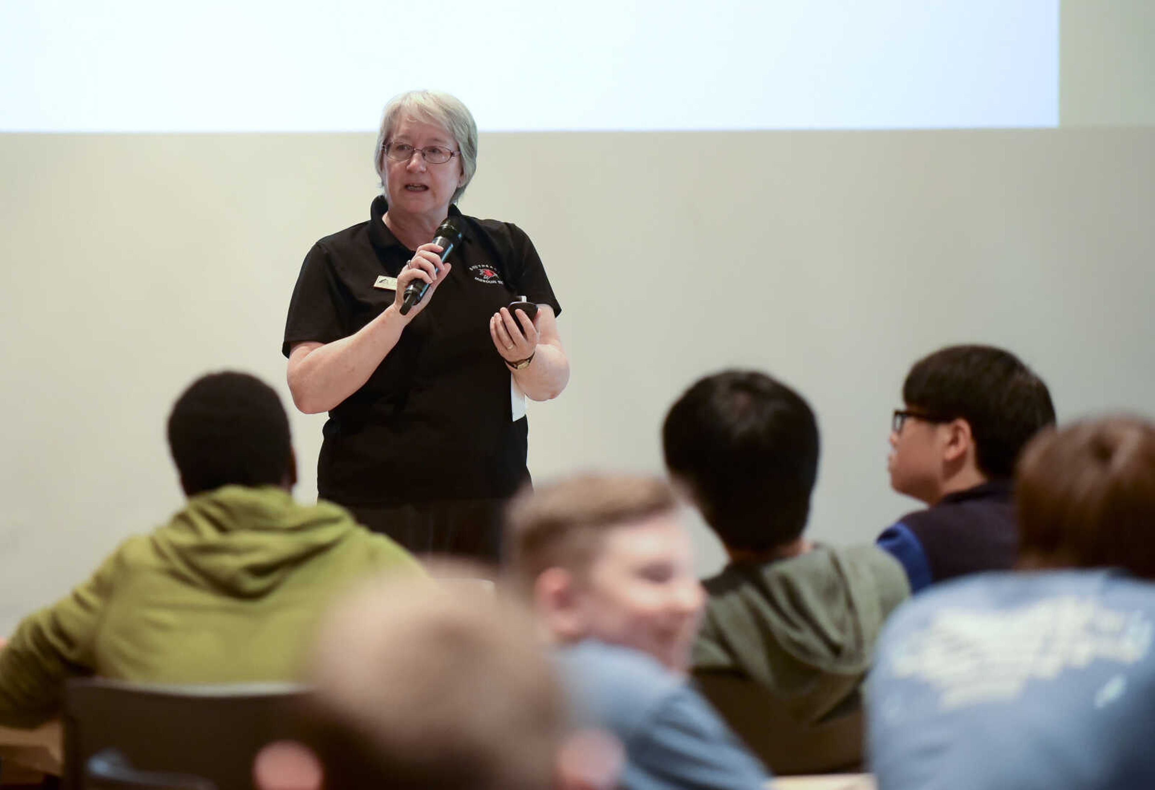 Dr. Cheryl McAllister talks to students before the problem-solving event during the 40th annual Math Field Day Tuesday, April 18, 2017 at the University Center on the campus of Southeast Missouri State University in Cape Girardeau.