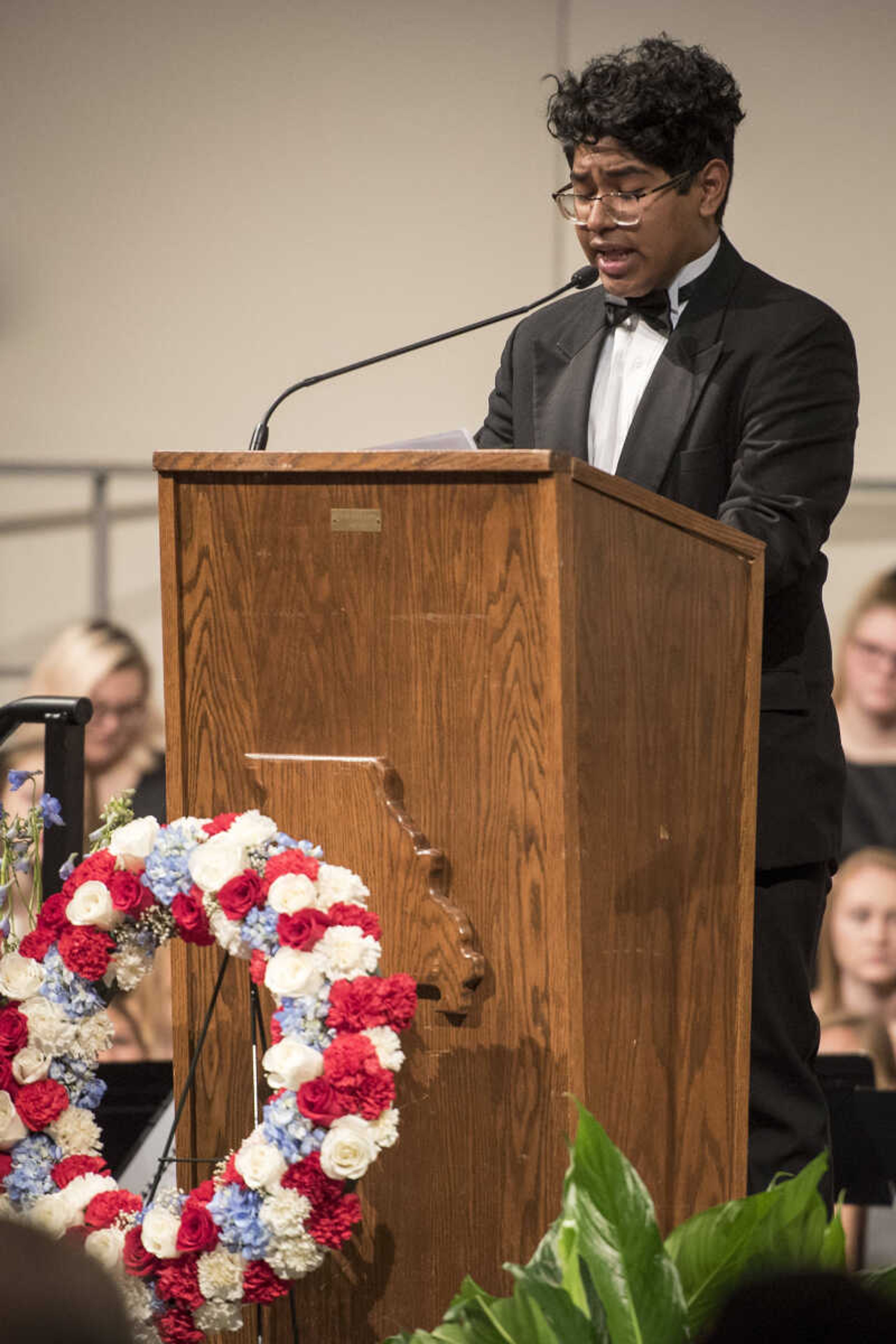 Jackson High School senior and VFW Voice of Democracy winner Fulgencio Martinez speaks during an assembly to honor veterans Monday, Nov. 11, 2019, at Jackson High School.