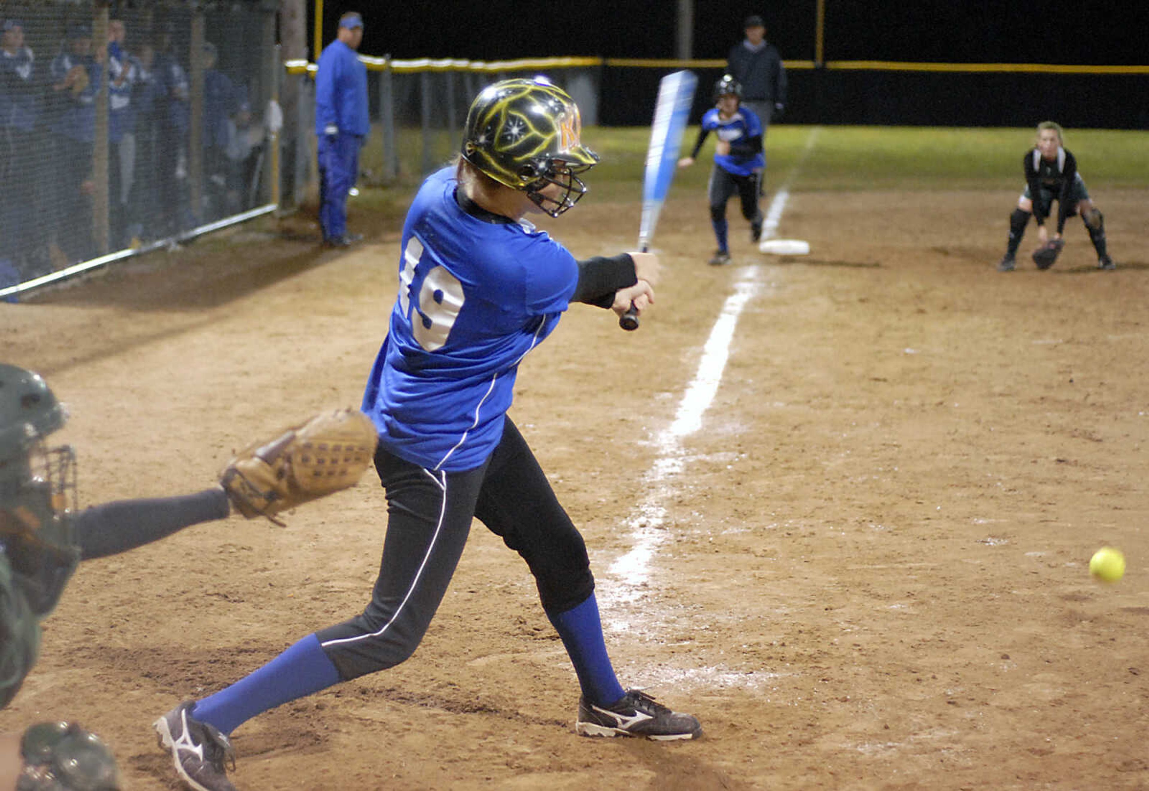 KIT DOYLE ~ kdoyle@semissourian.com
Notre Dame sophomore Katie Bond delivers an RBI against DeSoto Thursday, October 15, 2009, in Poplar Bluff.