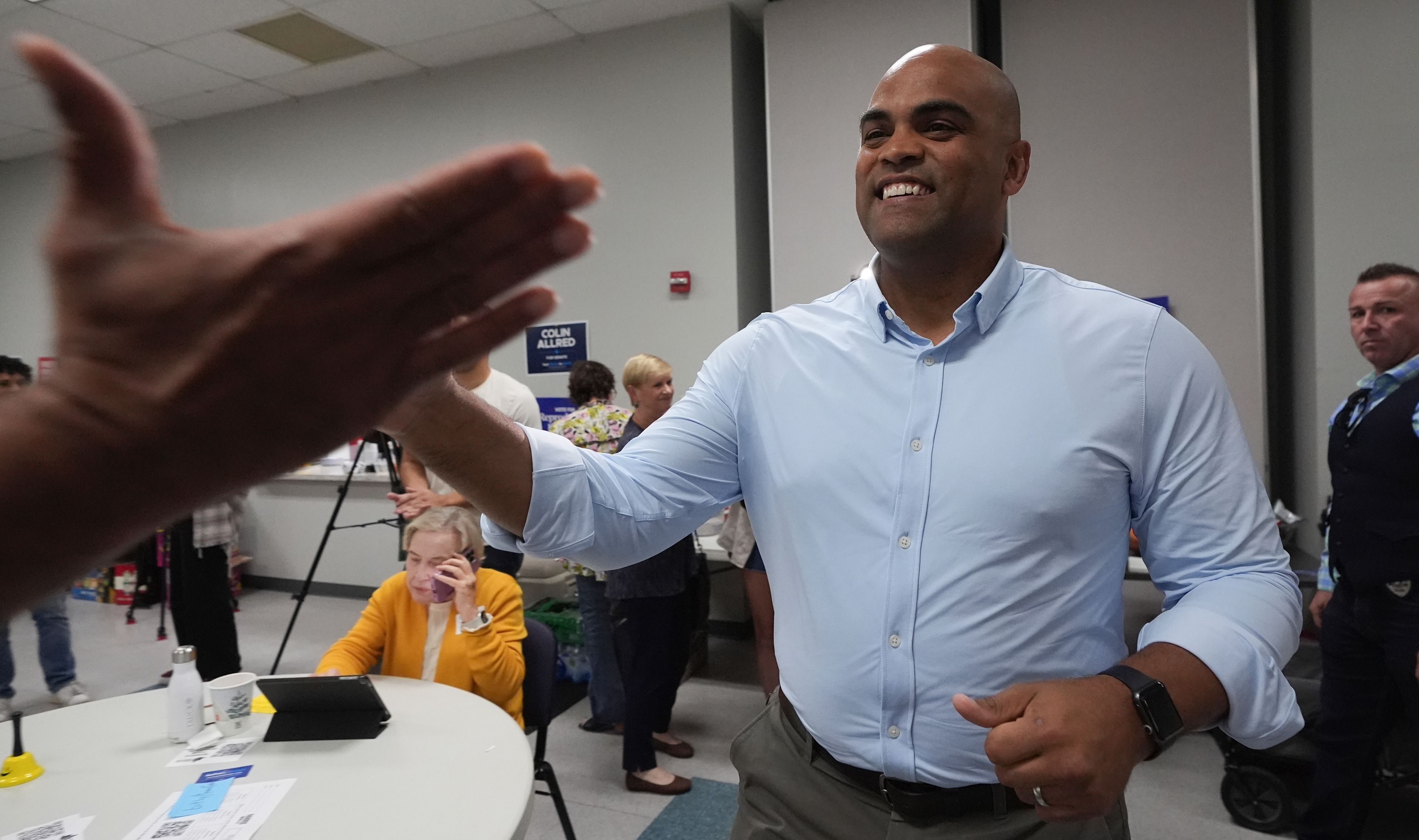 Texas Democratic Senate candidate Rep. Colin Allred arrives to meet supporters at a phone bank in Dallas, Tuesday, Nov. 5, 2024. (AP Photo/Tony Gutierrez)