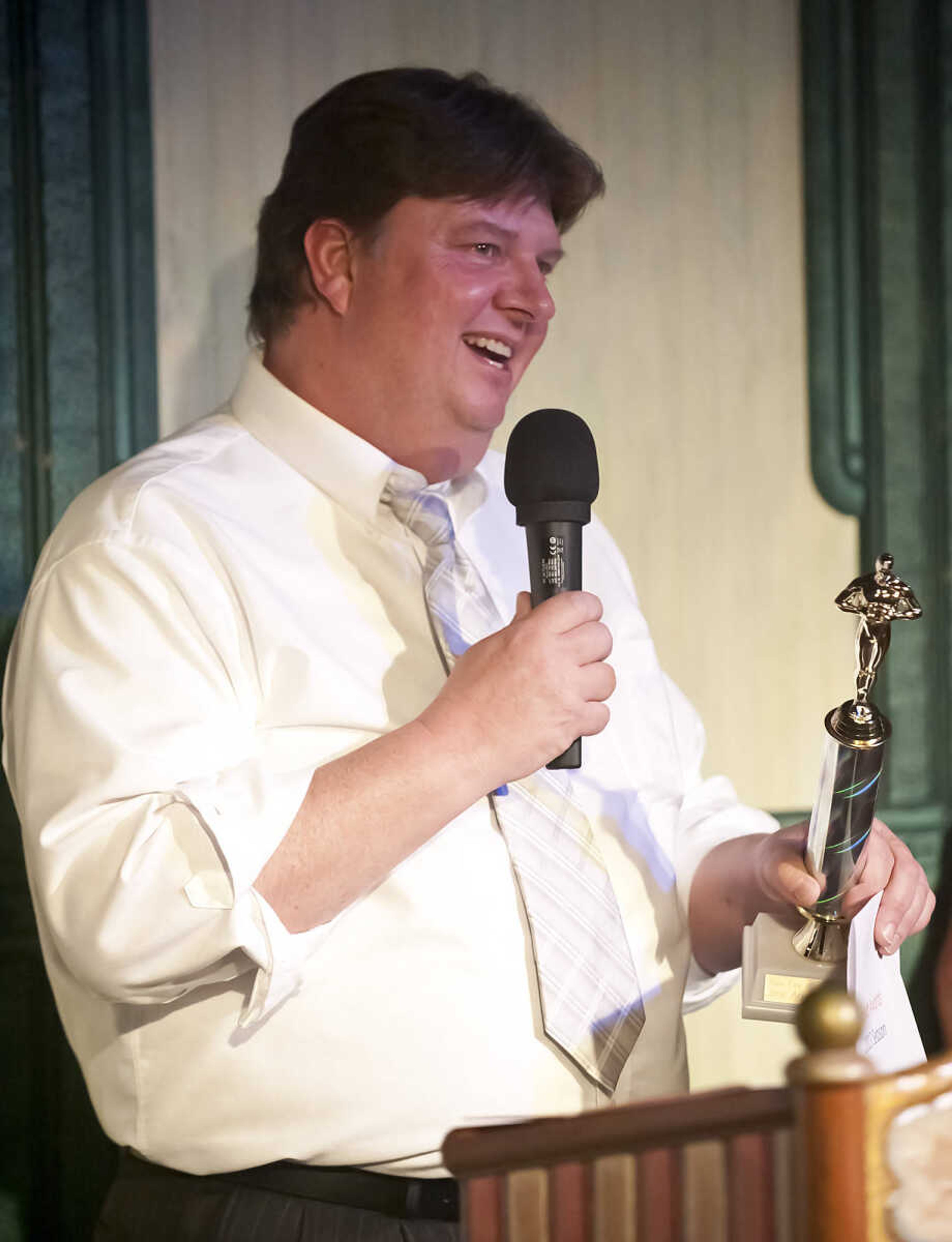 Larry Davis speaks after being awarded the Abbott Award for best actor during the Abbott Awards, the River City Players' annual awards ceremony, Saturday, Jan. 18, at Port Cape in downtown Cape Girardeau. Auditions for the first production of the 2014 season, "Quiet on the Set," will be held at 7 p.m. Jan. 29 and 30 at Port Cape.