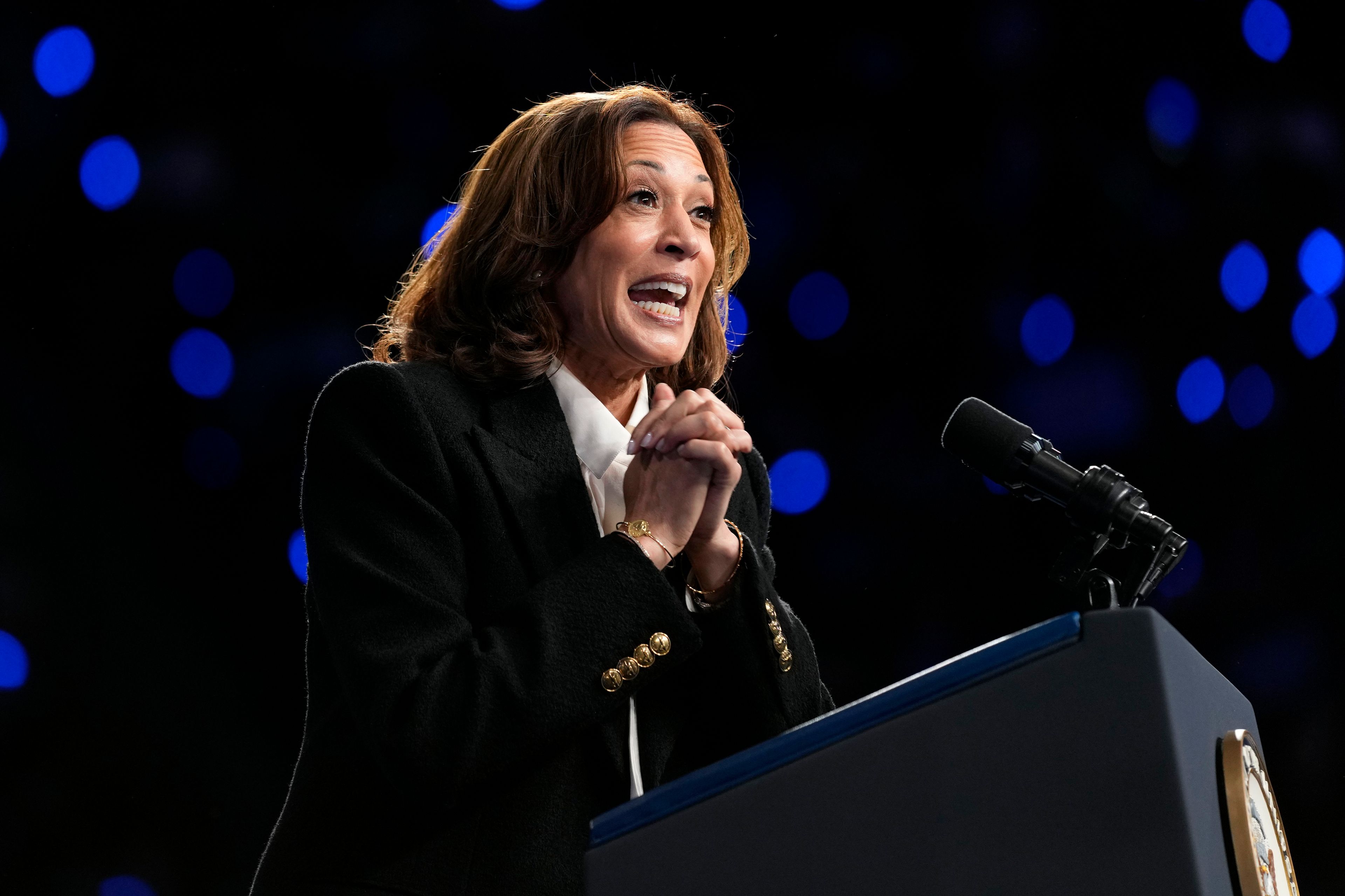 Democratic presidential nominee Vice President Kamala Harris speaks at a campaign rally at East Carolina University in Greenville, N.C., Sunday, Oct. 13, 2024. (AP Photo/Susan Walsh)